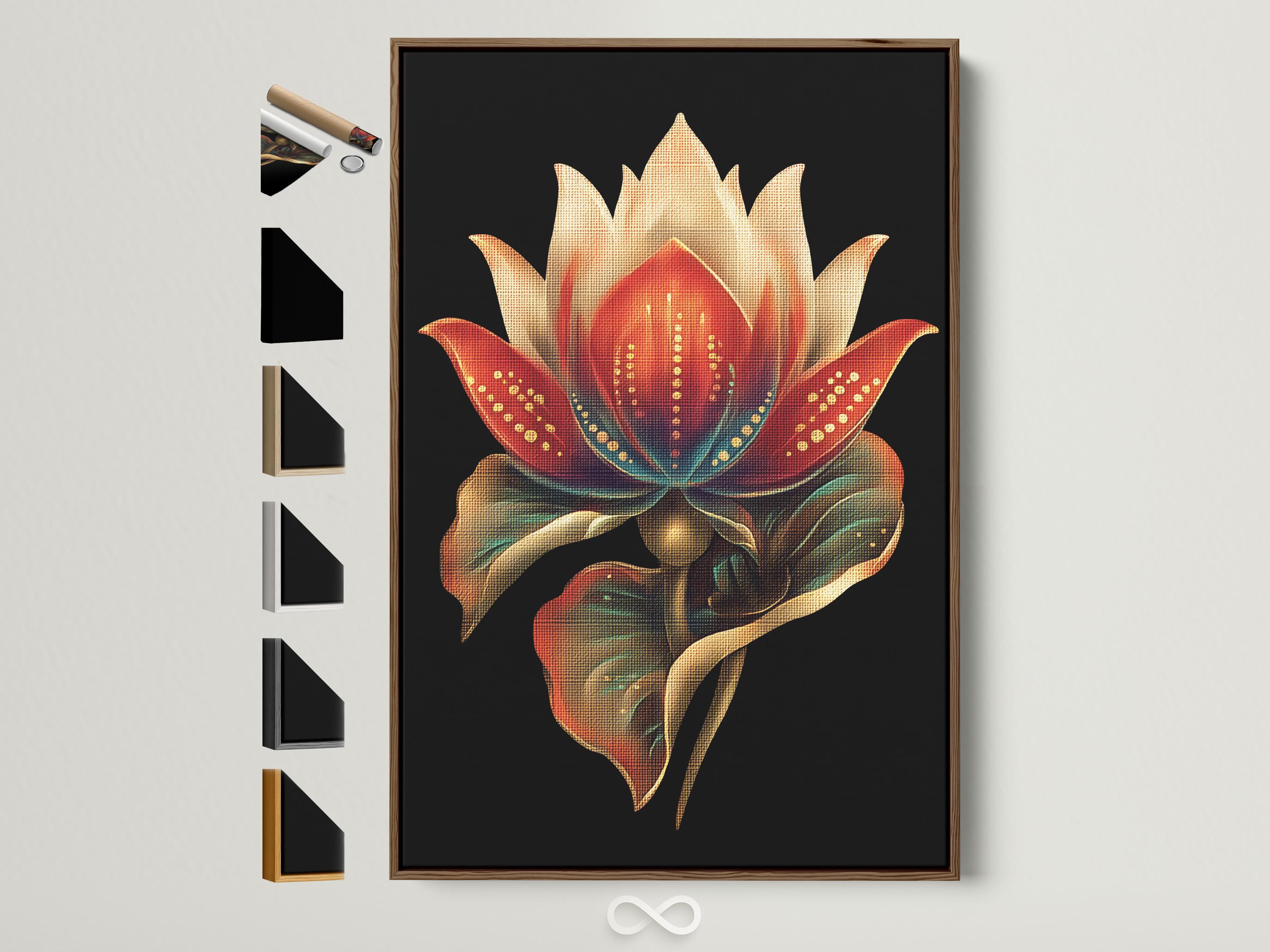 Person in a beige outfit standing beside a plant, with a lotus flower framed artwork above a wooden bench
