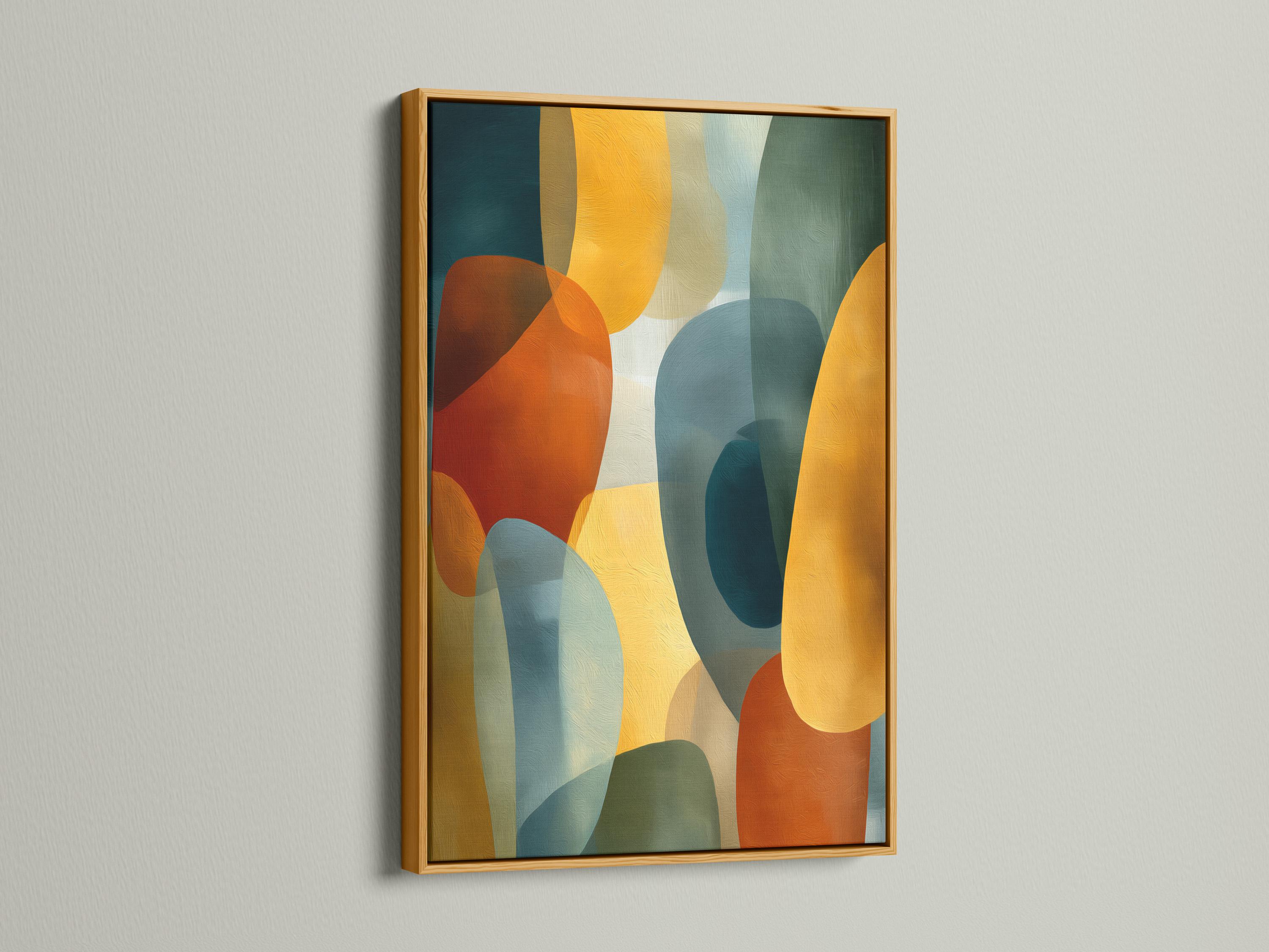 Room mockup showing a framed abstract geometric artwork with teal and mustard shapes