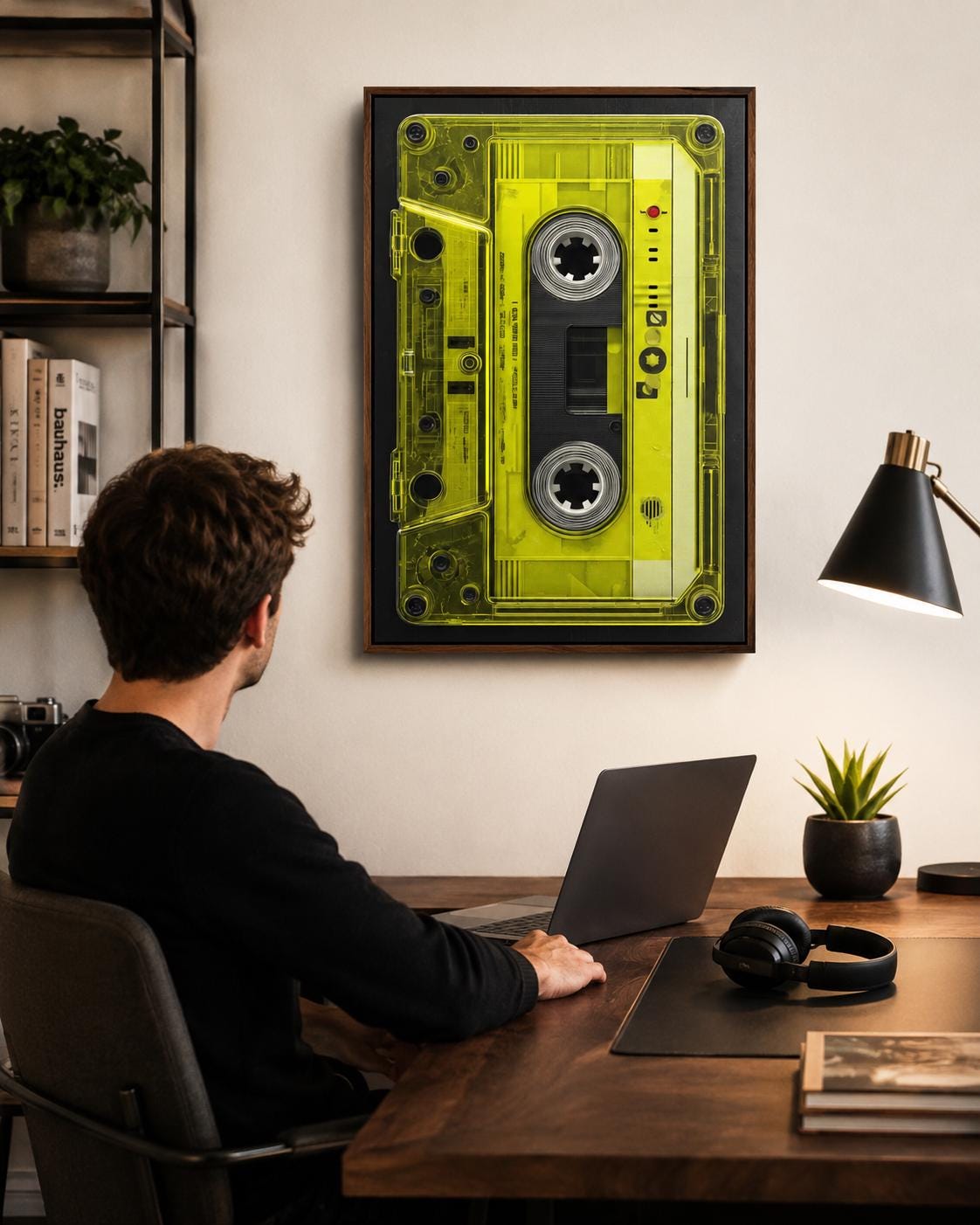 Neon lime cassette tape graphic framed in black with spool circles and a red dot detail detail view