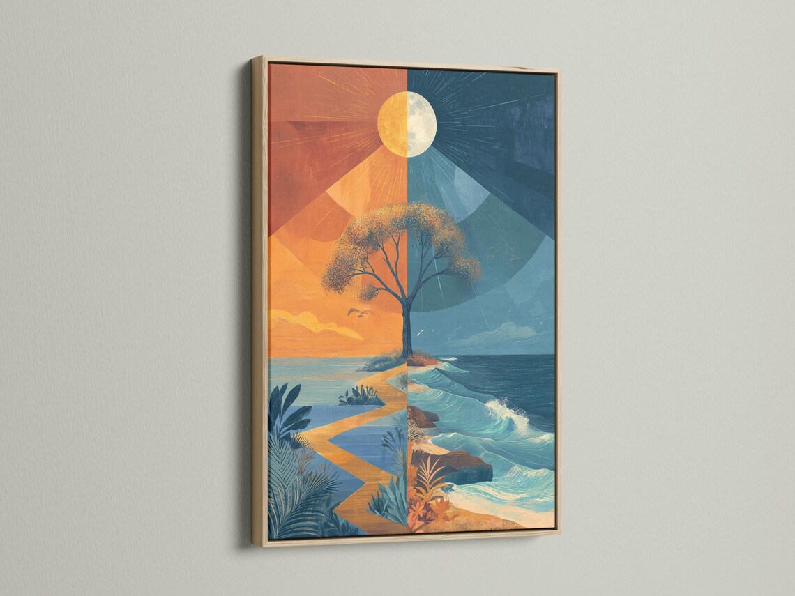 Stylised tree in a geometric split seascape with orange sky and blue ocean waves detail view