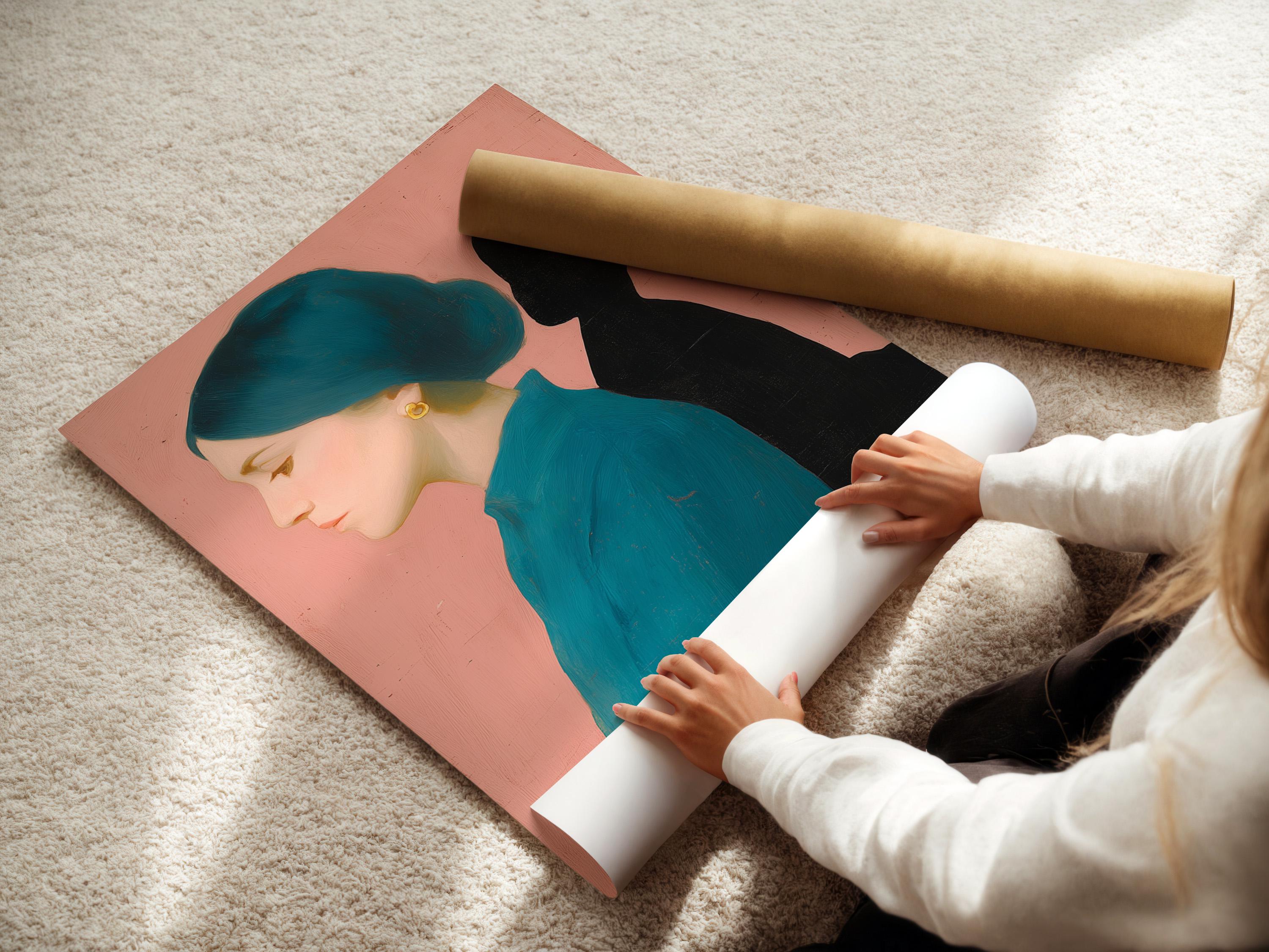 Wall mockup showing a teal and black dual portrait artwork with gold earring accents