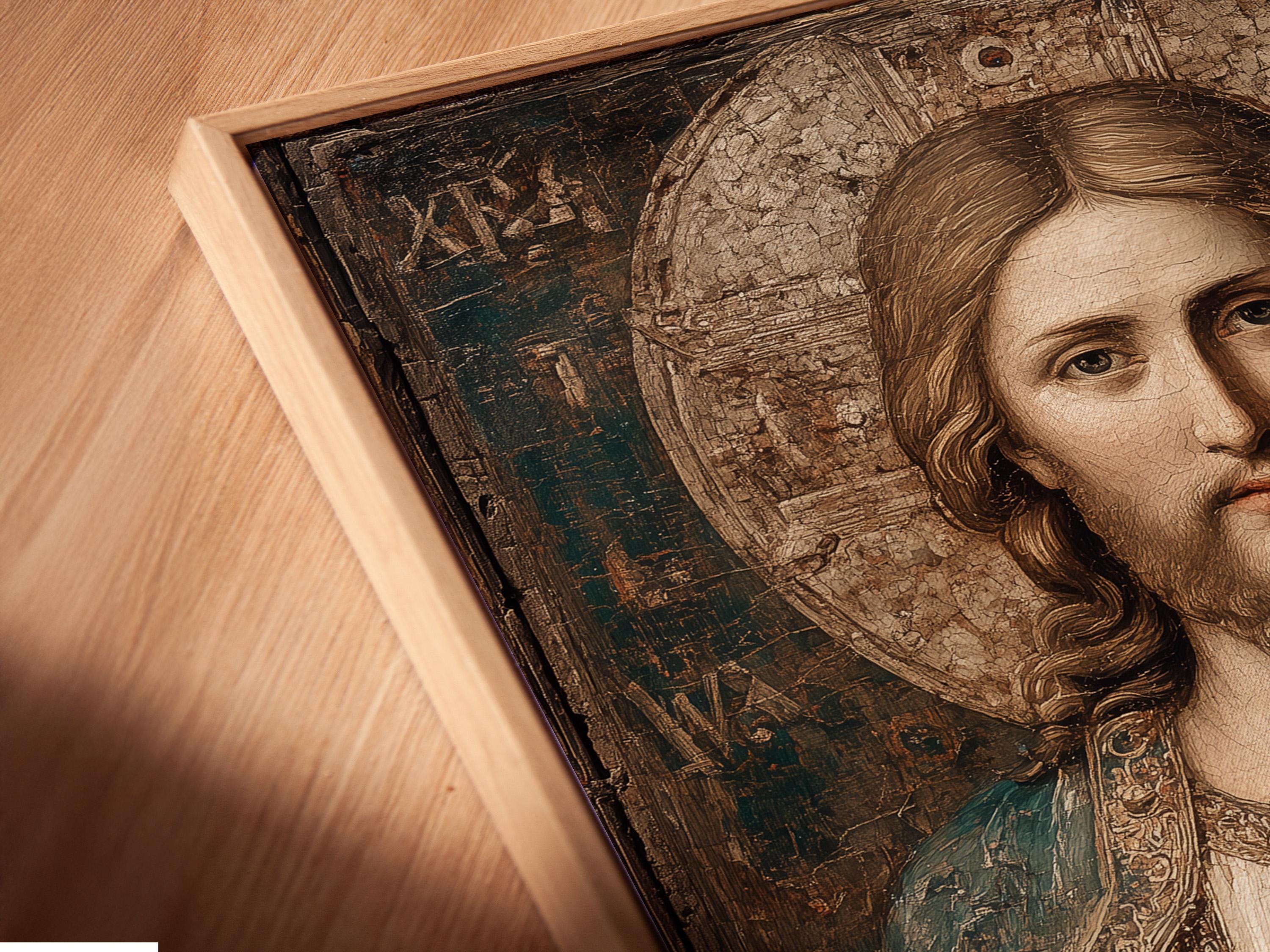 Mockup showing framed antique Jesus portrait on a wall with rolled art and other frames nearby