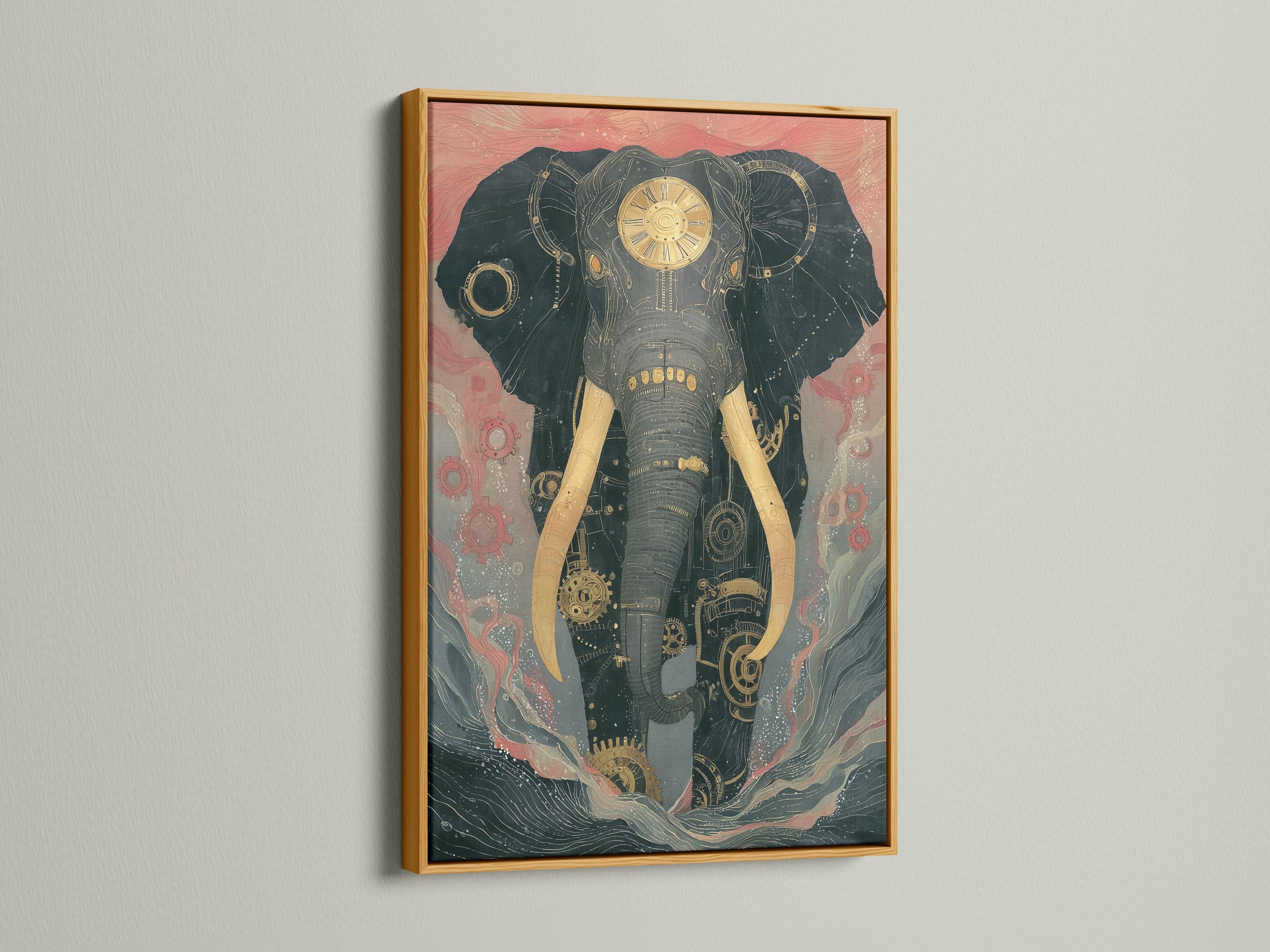 Mechanical elephant illustration with gear and clockwork details in teal, muted pink and gold detail view