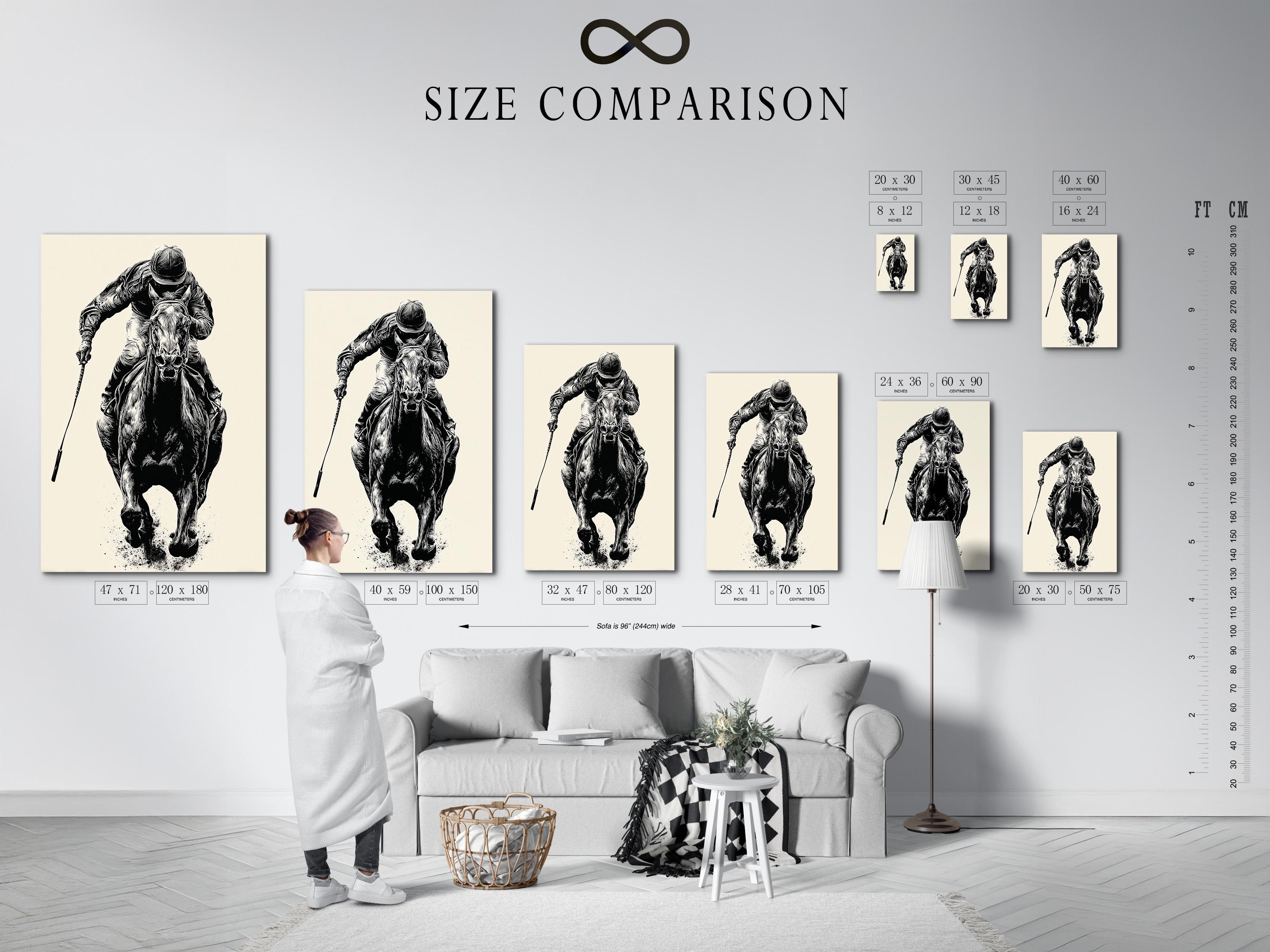 Mockup showing a framed black and white equestrian polo rider illustration