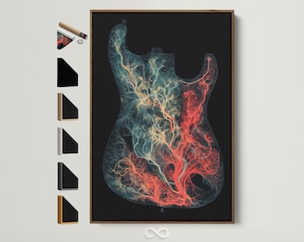 Guitar Canvas Art - Electric Guitar Artwork, Music Wall Decor, Red & Teal Abstract, Modern Instrument Print, Studio Art, Gift for Musician