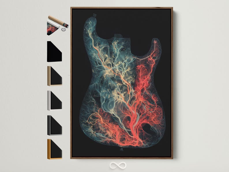 Electric guitar silhouette filled with glowing teal and red branching linework on a dark background