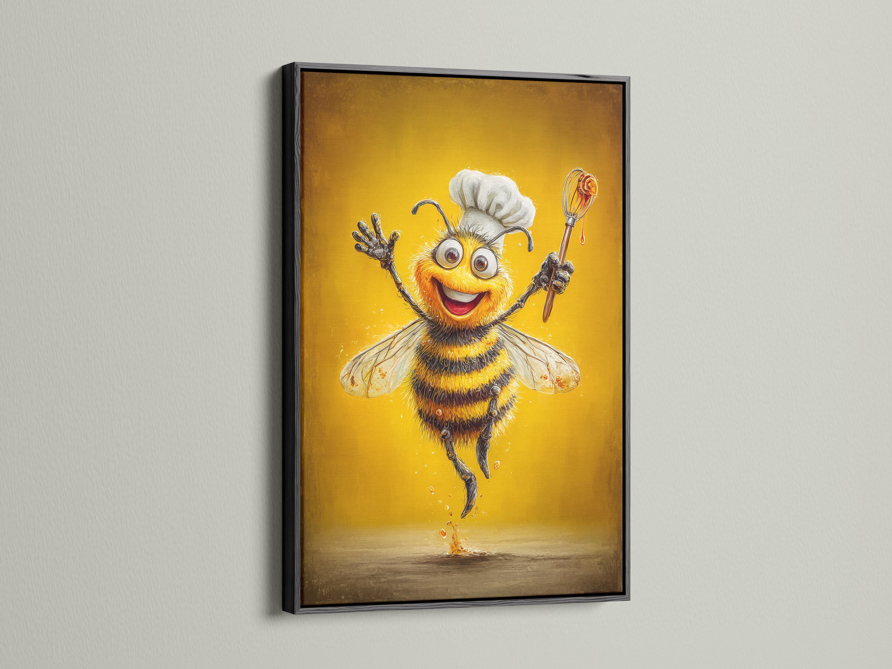 Smiling cartoon bee chef holding a whisk on a warm golden background detail view