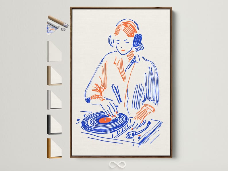 Stylised DJ portrait wearing headphones with a blue and orange turntable illustration