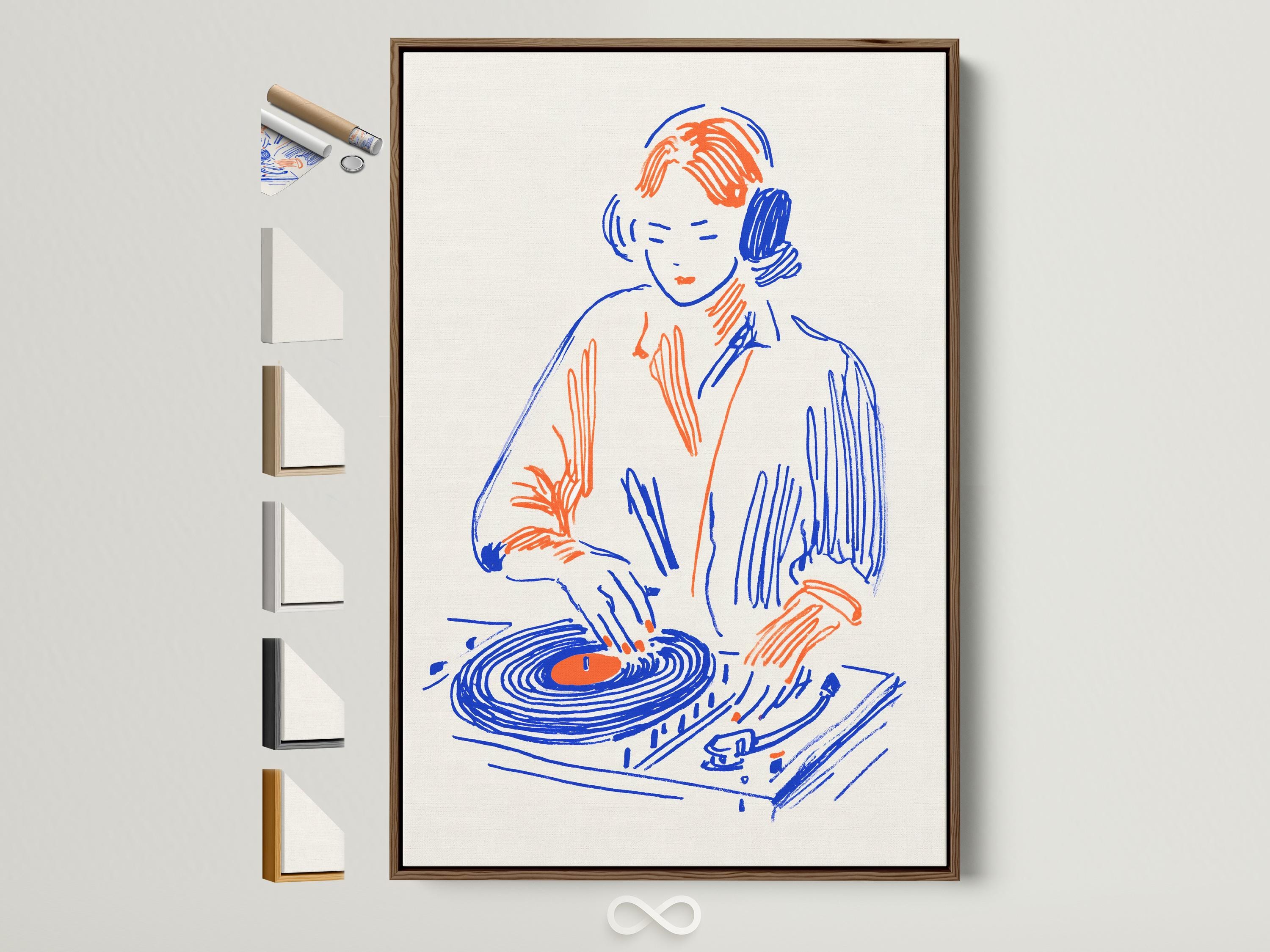 Stylised DJ portrait wearing headphones with a blue and orange turntable illustration