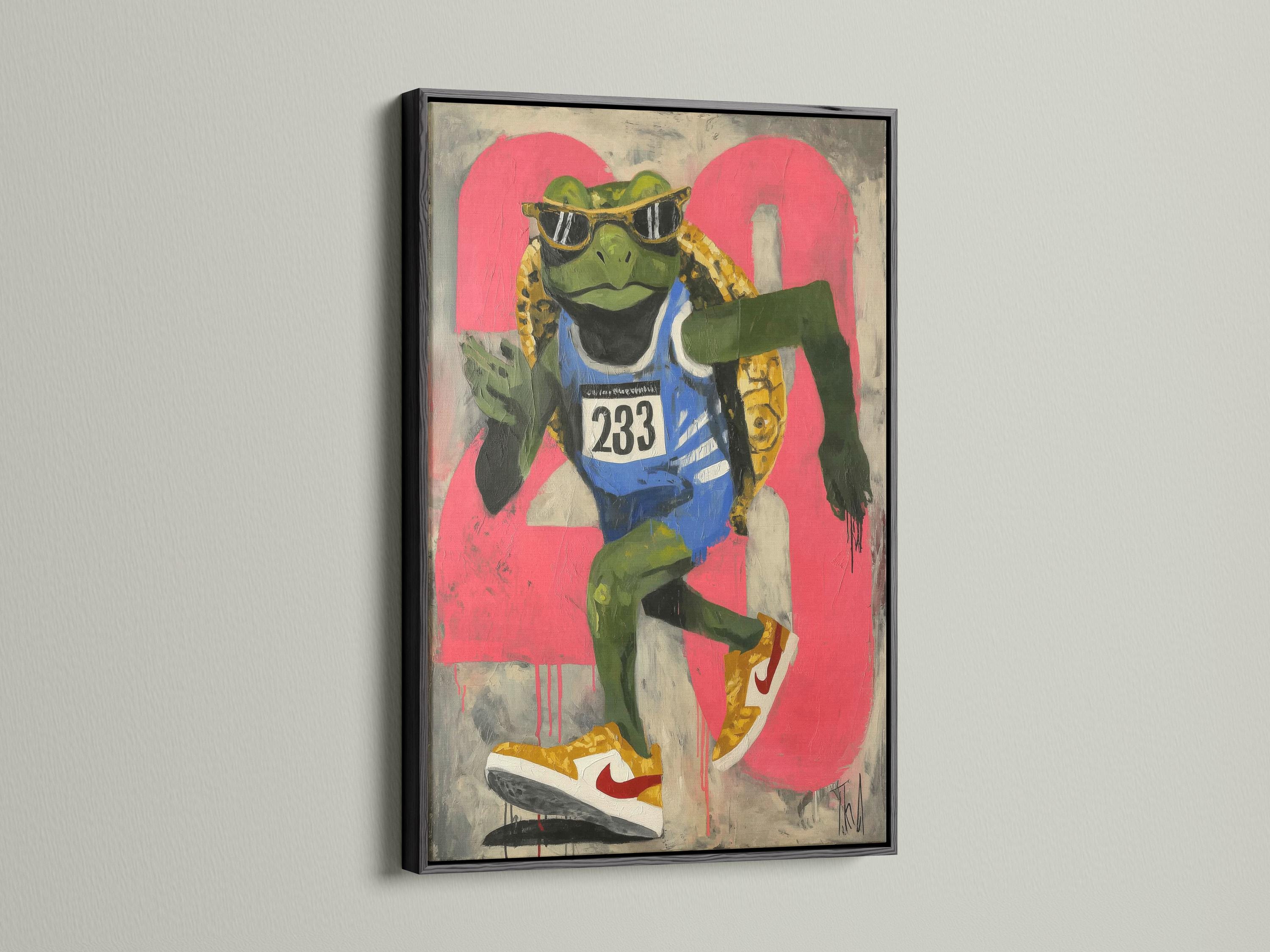 Hot pink graffiti-style runner turtle wearing black sunglasses and a “233” race bib detail view