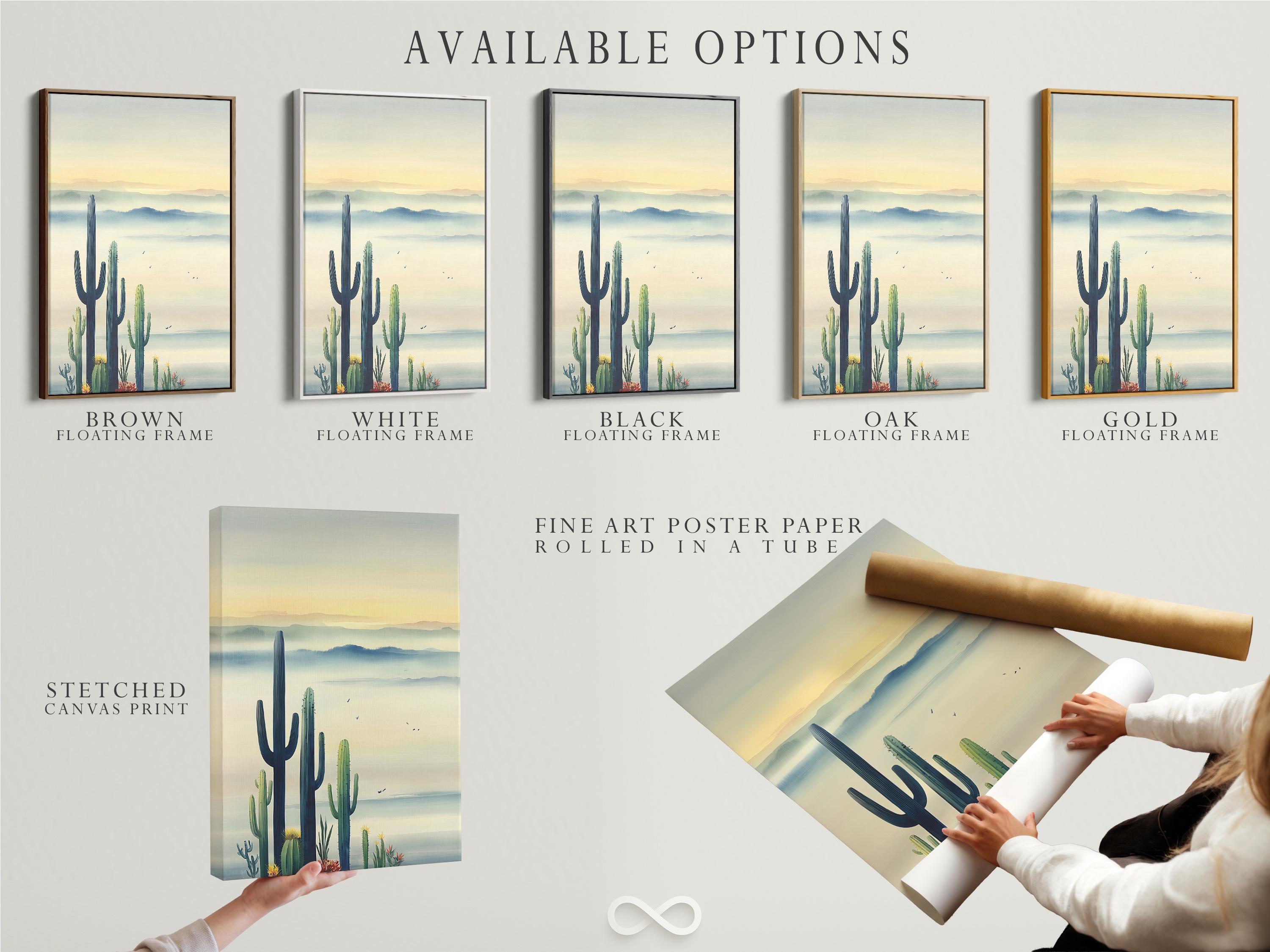 Illustrated desert landscape with tall cactus silhouettes, hazy blue distance layers and small birds detail view
