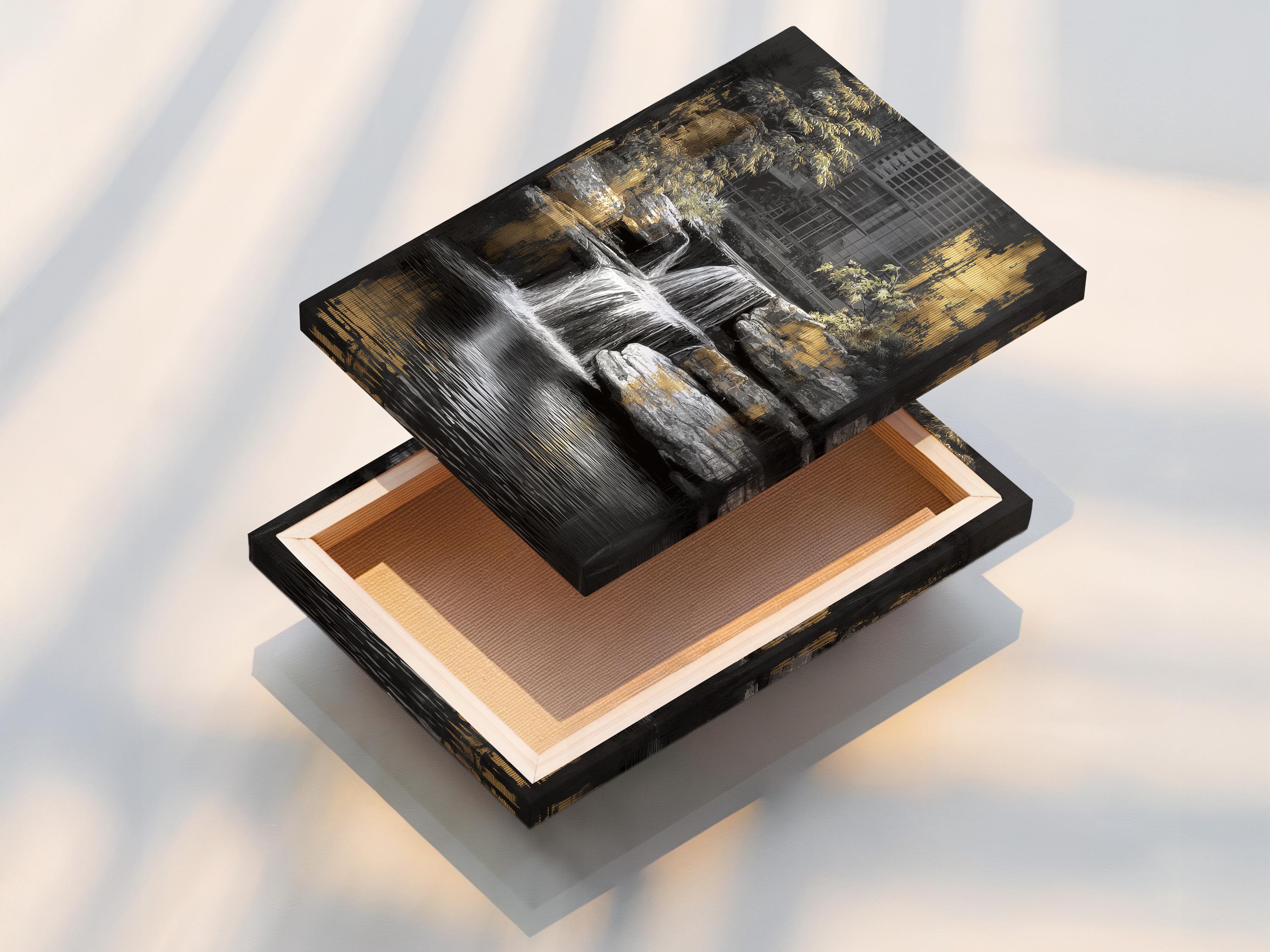 Black and gold waterfall artwork with a cityscape and trees, featuring reflective water below detail view