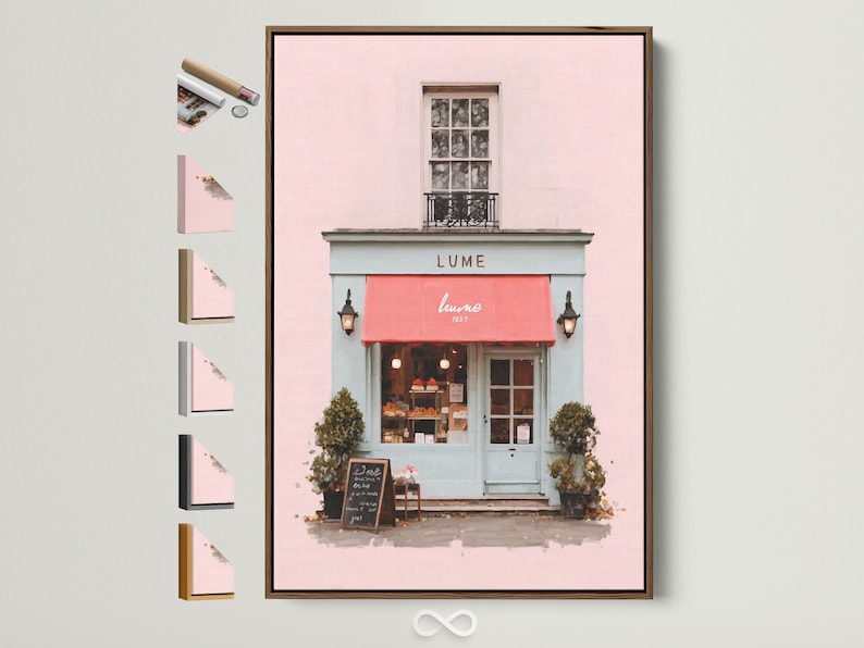 Pastel pink café front illustration with a red awning, lanterns, window and green shrubs