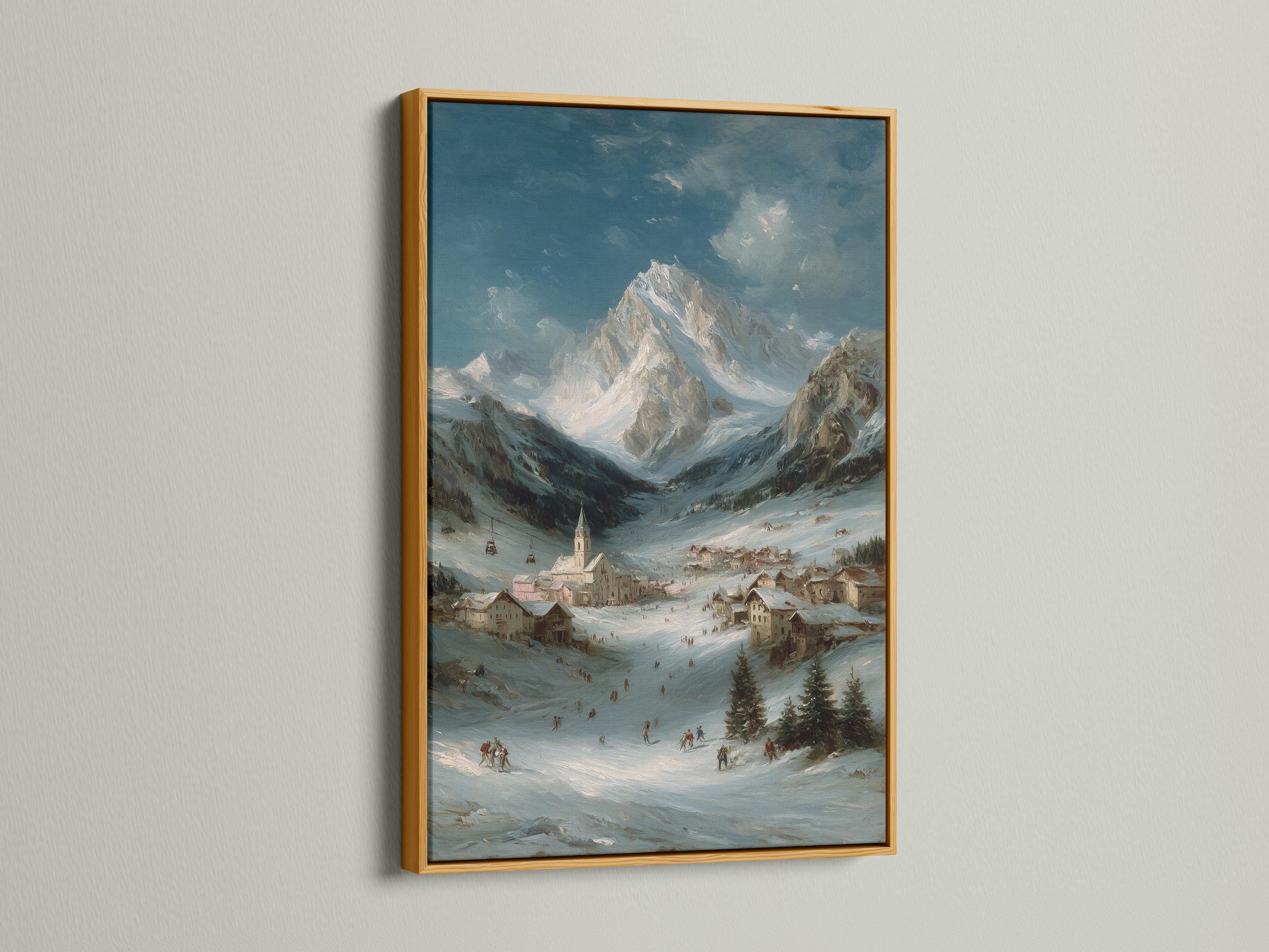 Snowy mountain valley painting with a village, church tower, skiers, evergreens and distant peaks detail view