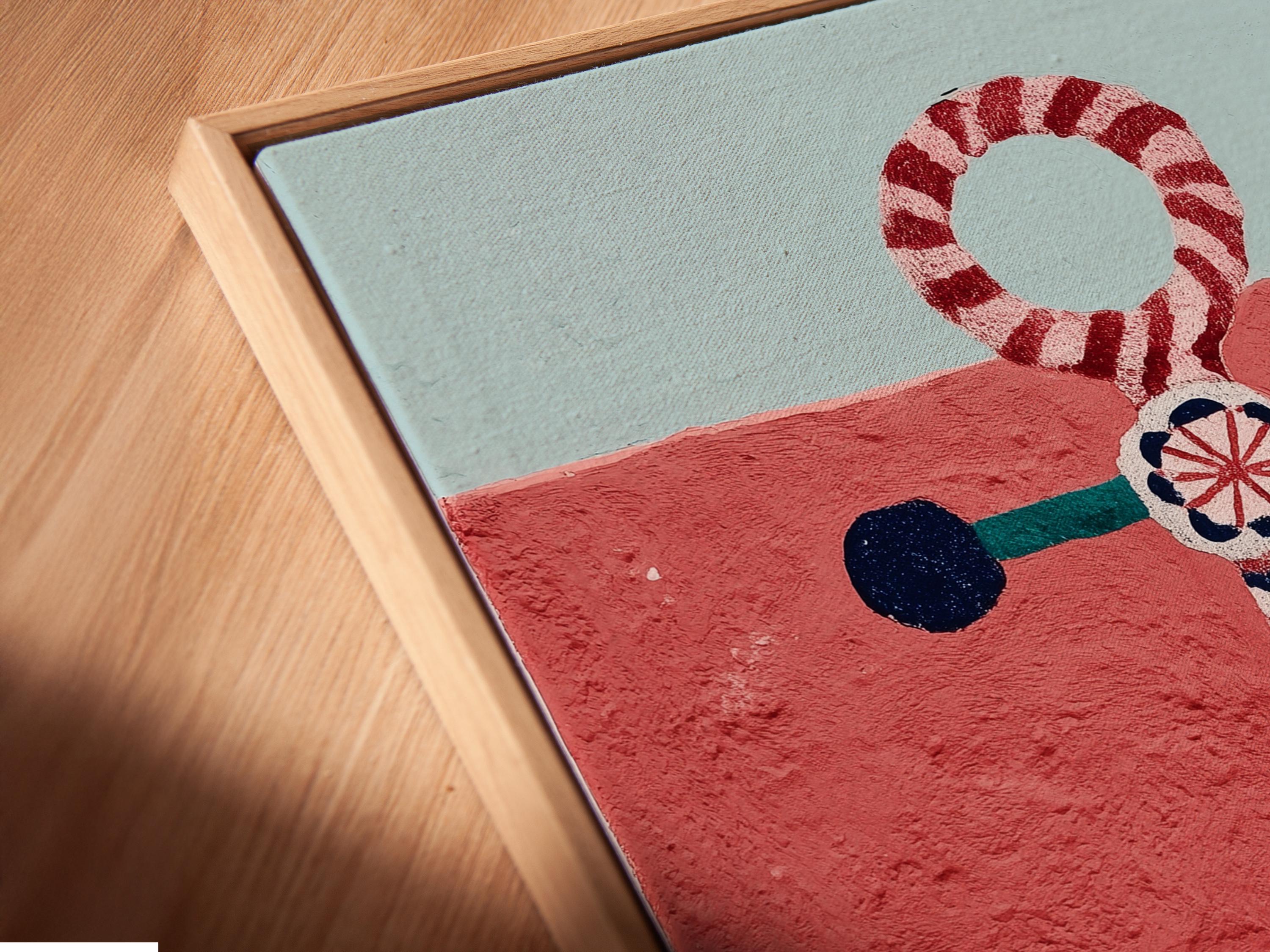 Illustrated nautical anchor with a red-and-white lifebuoy ring on a textured red background detail view