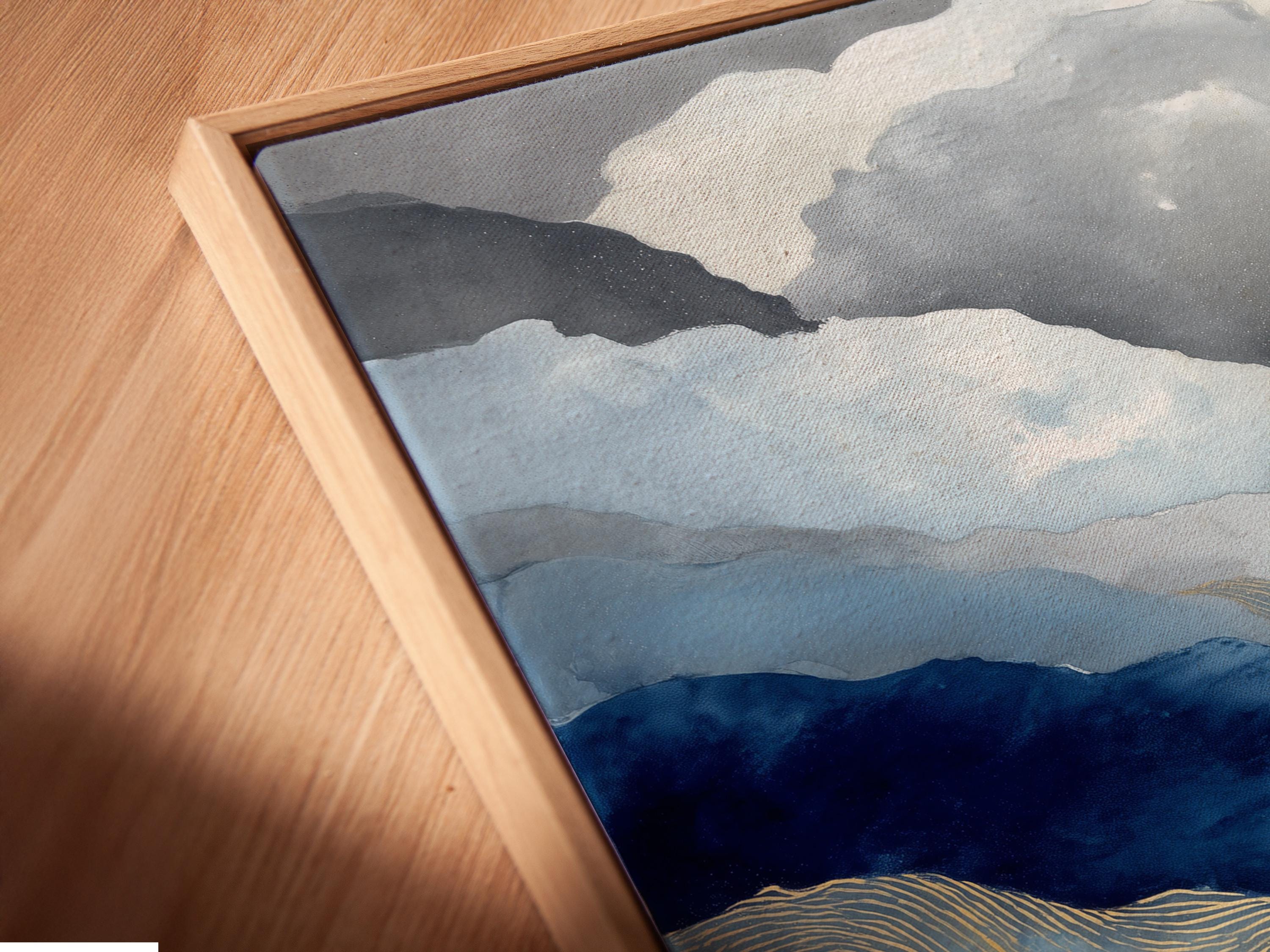Abstract landscape with layered blue mountains, flowing contour lines, and warm gold highlights detail view