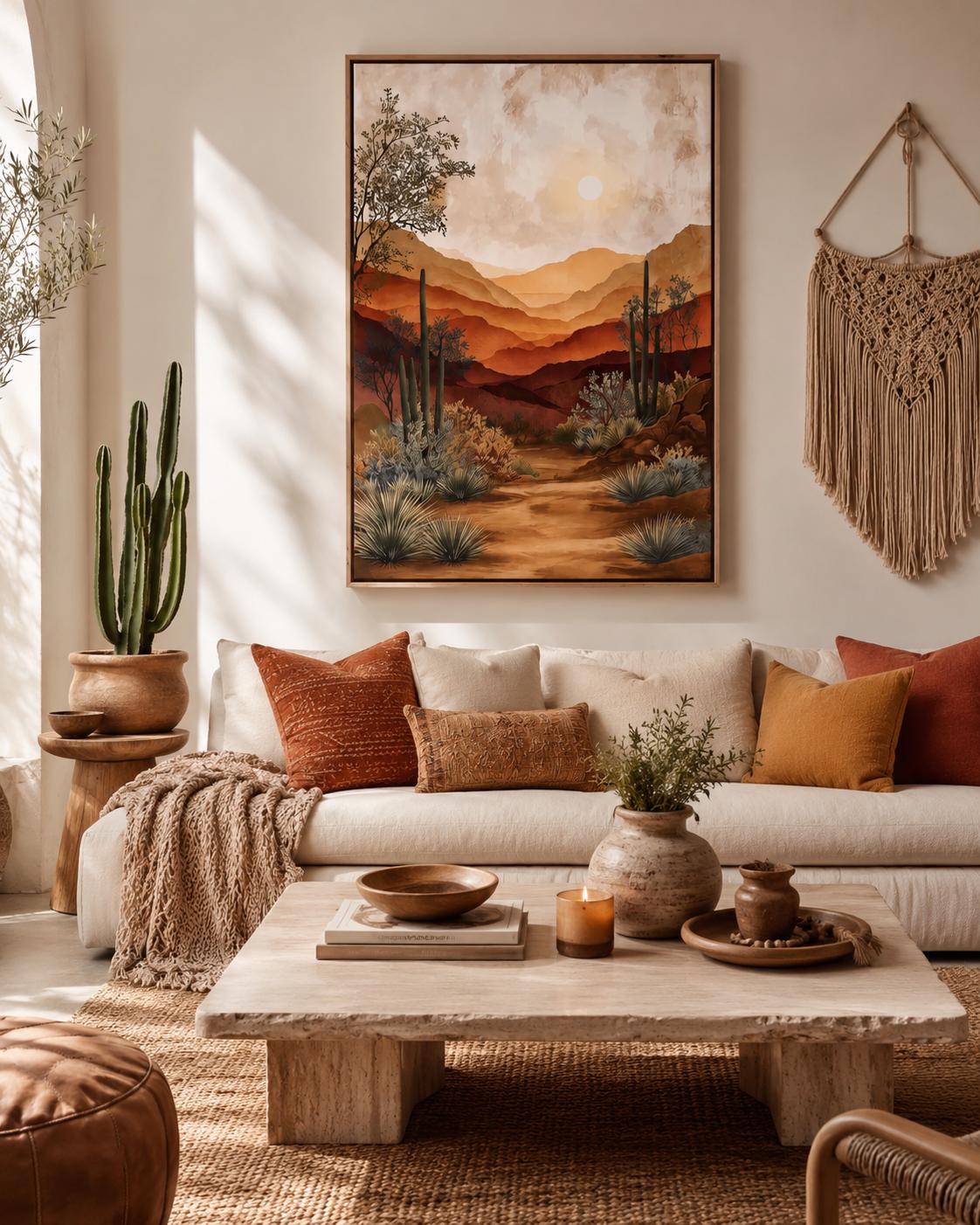 Warm desert landscape artwork with layered mountains, pale sun, and cactus-like plants detail view