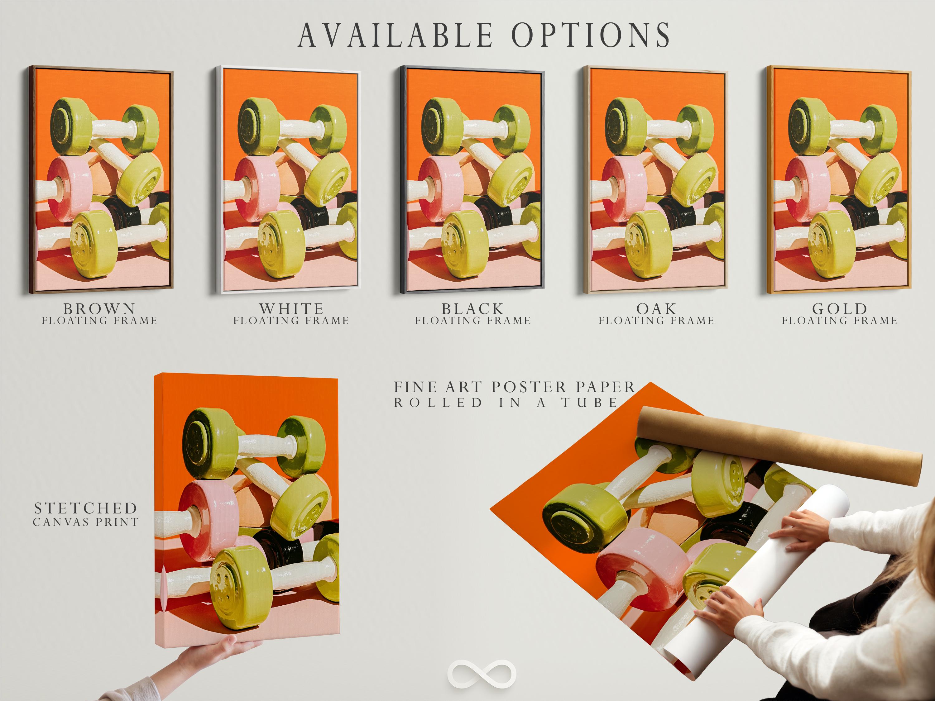 Stylised dumbbell artwork with green and yellow weight plates on a bright orange background detail view