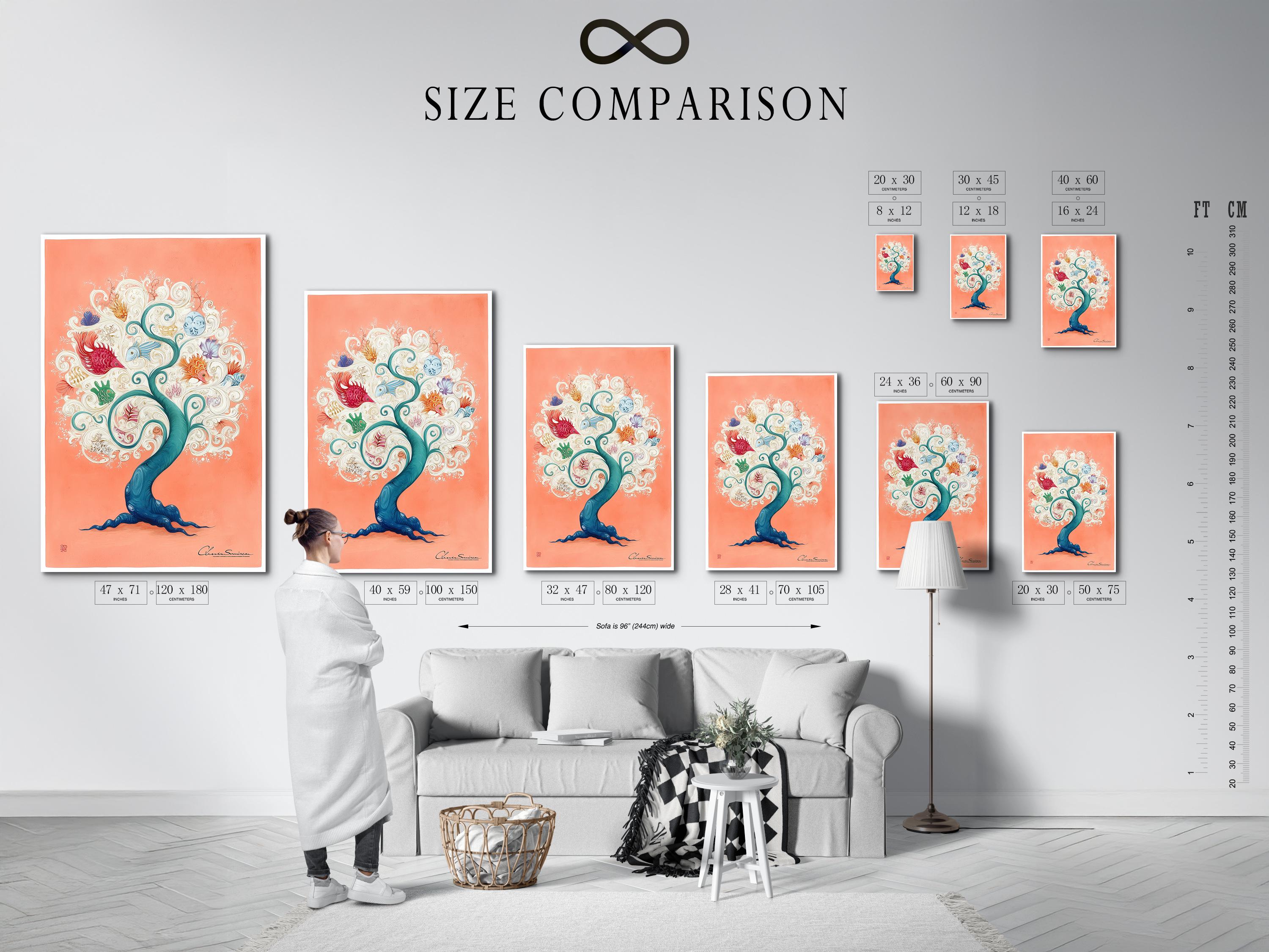Peach fantasy coral tree with teal ocean waves and illustrated fish, shells and swirls detail view