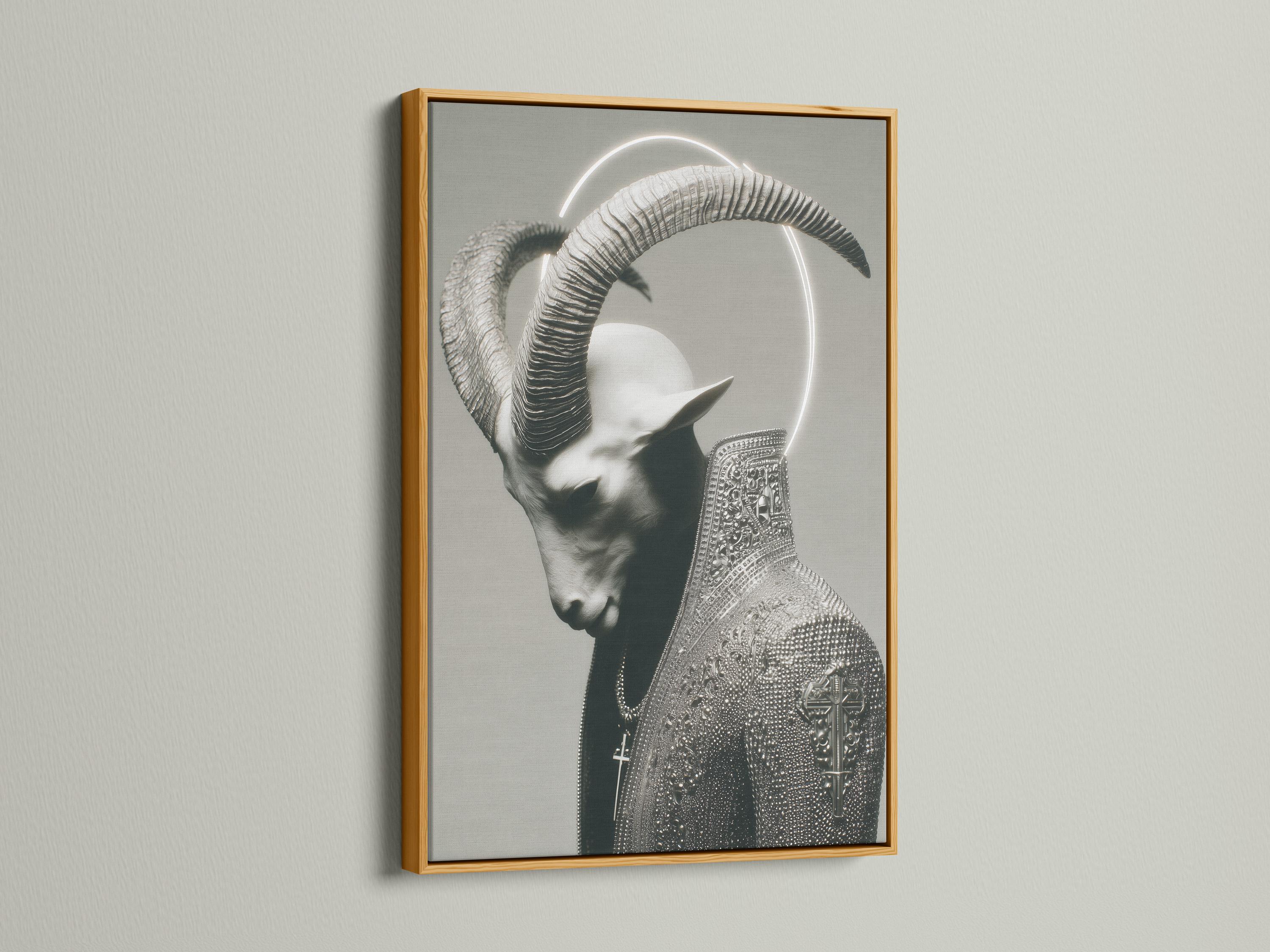 Monochrome horned figure portrait with a glowing halo ring and ornate patterned cloak detail view