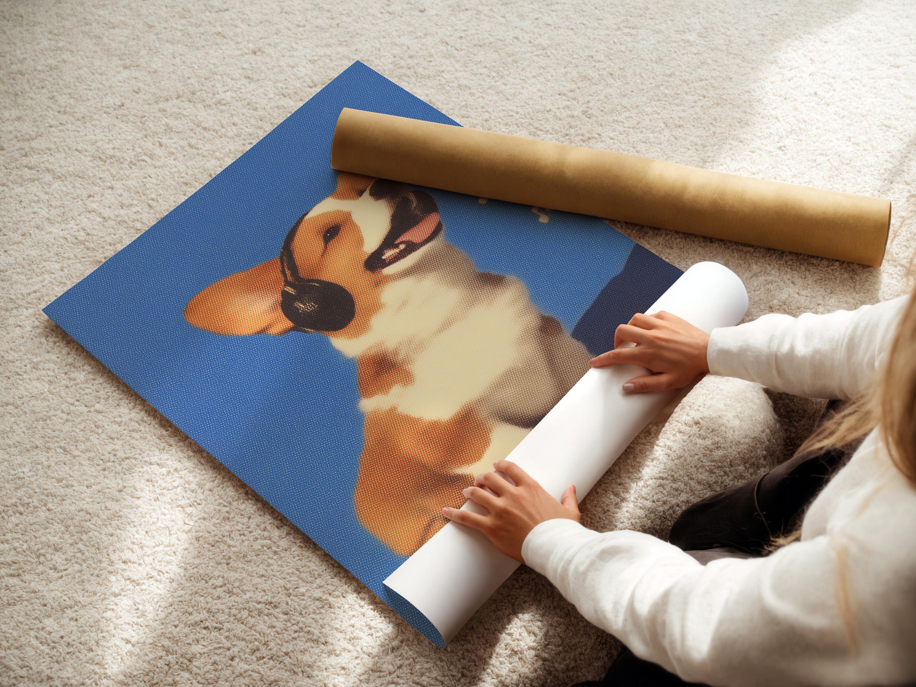 A stylised corgi dog portrait sits against a speckled blue background, wearing large headphones and shown smiling with small musical notes nearby