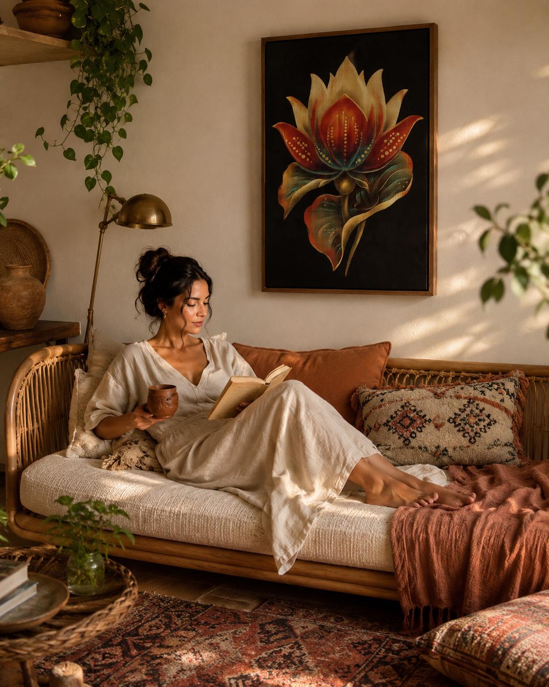 Person in a beige outfit standing beside a plant, with a lotus flower framed artwork above a wooden bench