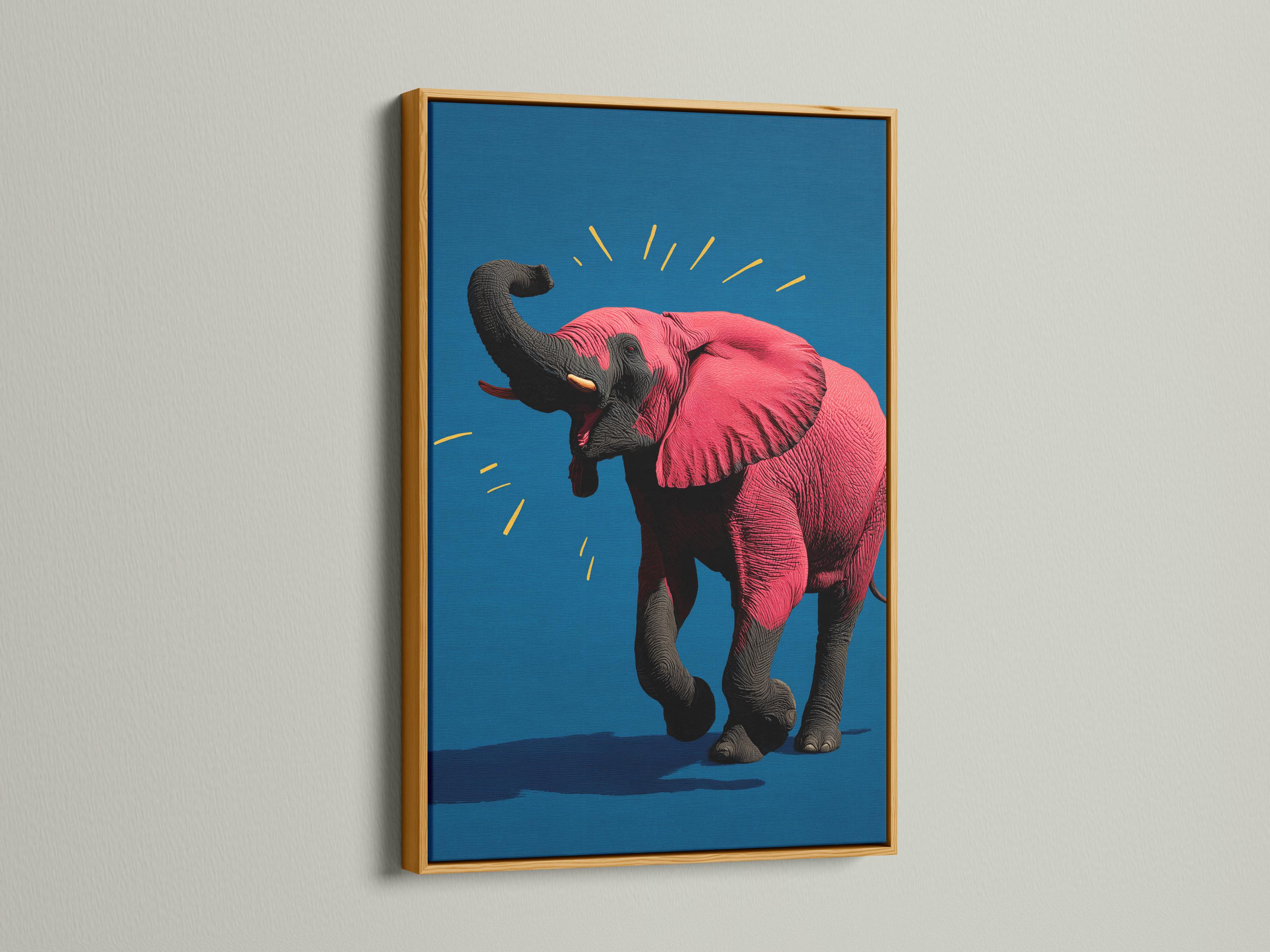 Elephant artwork in a framed mockup on a light background