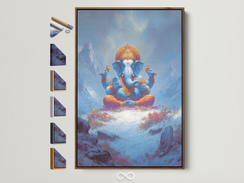 Blue elephant-headed deity figure seated in meditation in a misty mountain scene with gold ornament and flowers