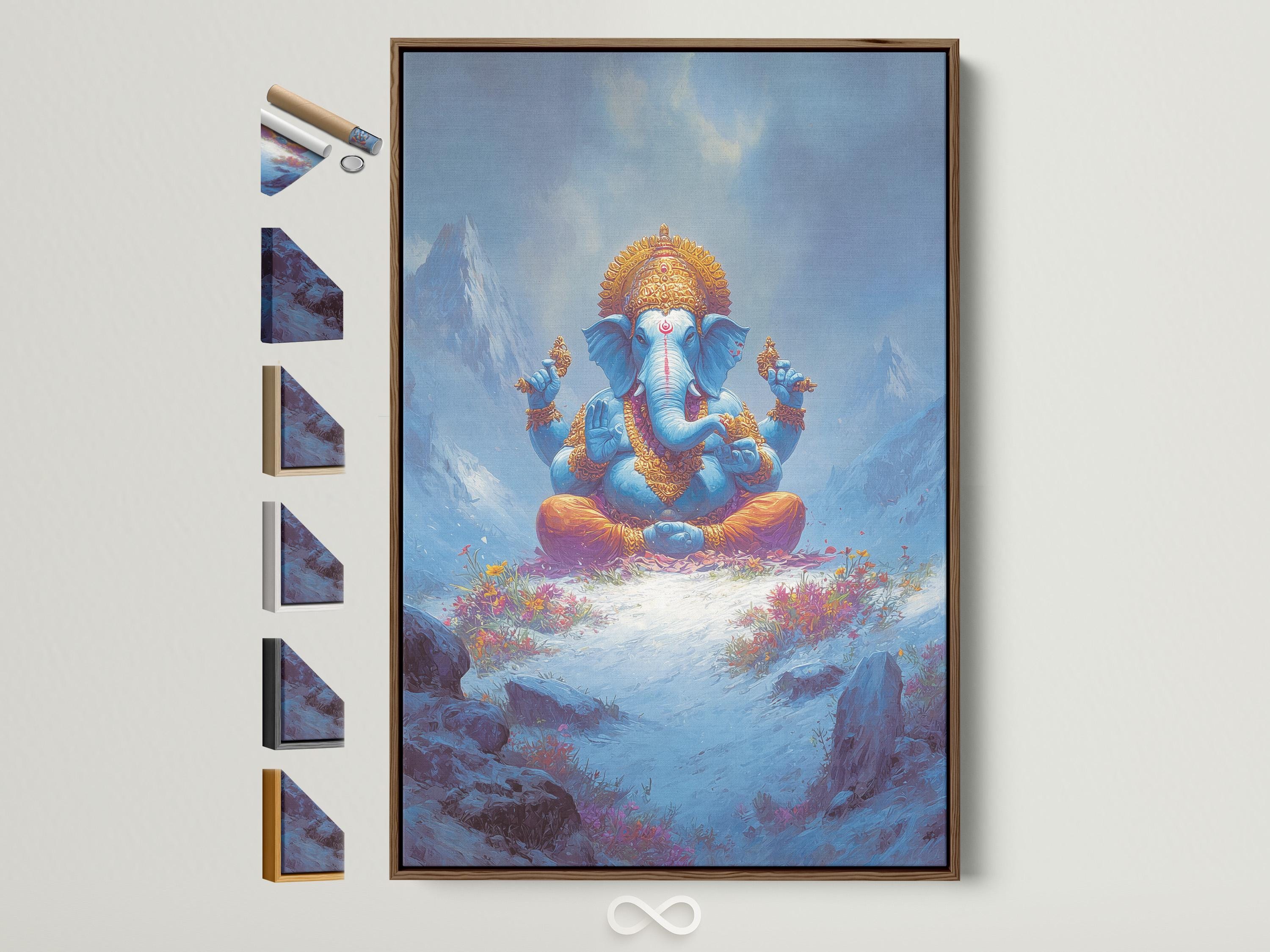 Blue elephant-headed deity figure seated in meditation in a misty mountain scene with gold ornament and flowers