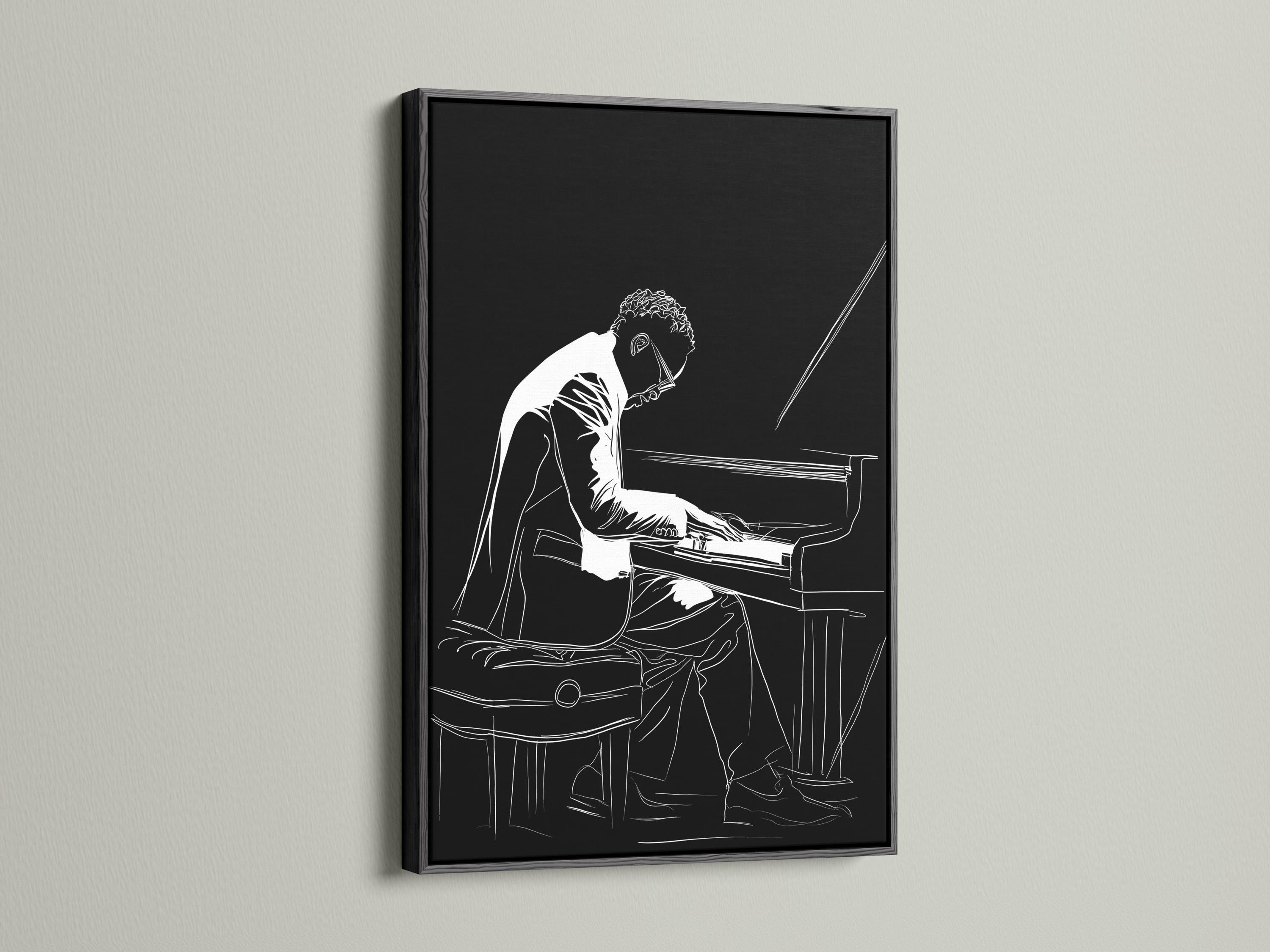 Black and white line drawing of a pianist playing an upright piano detail view