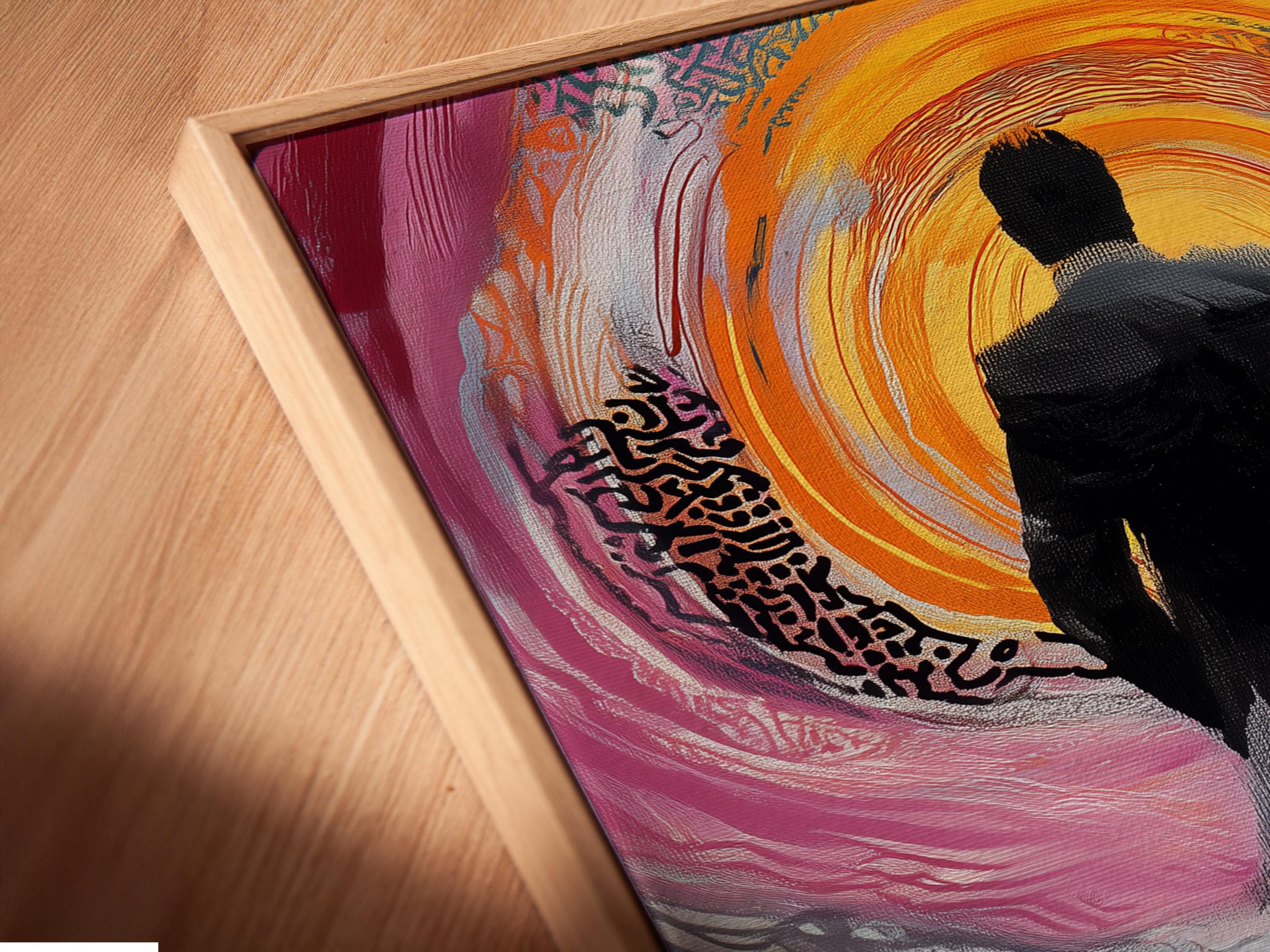 Person seated in a living room with a framed abstract man silhouette artwork on the wall