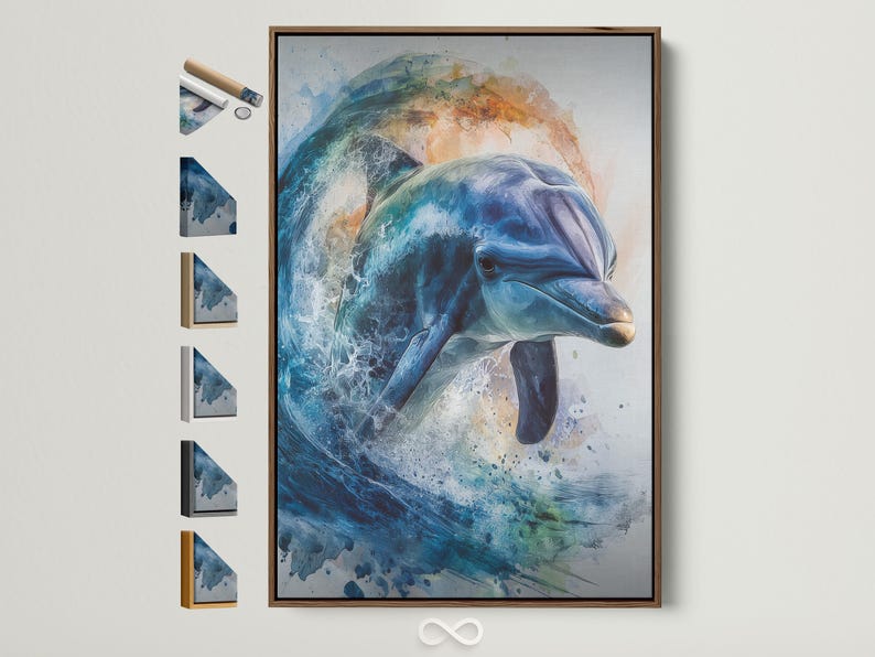 Blue dolphin swimming through foamy ocean waves with teal and tan watercolour washes