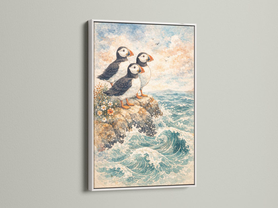 Illustrated puffins perched on a rocky cliff above swirling ocean waves with wildflowers and clouds detail view