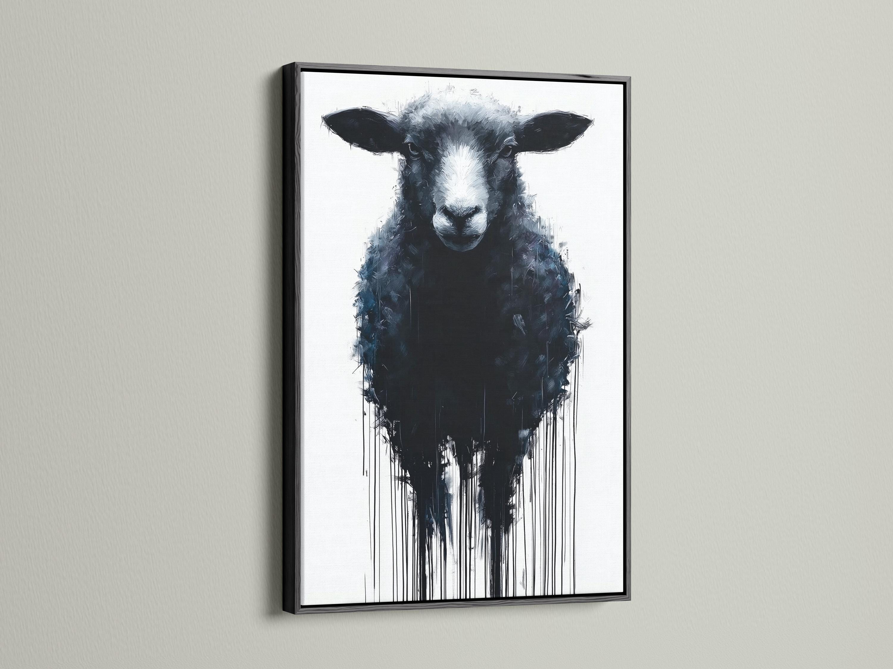 Sheep portrait artwork displayed in a bright industrial-style room