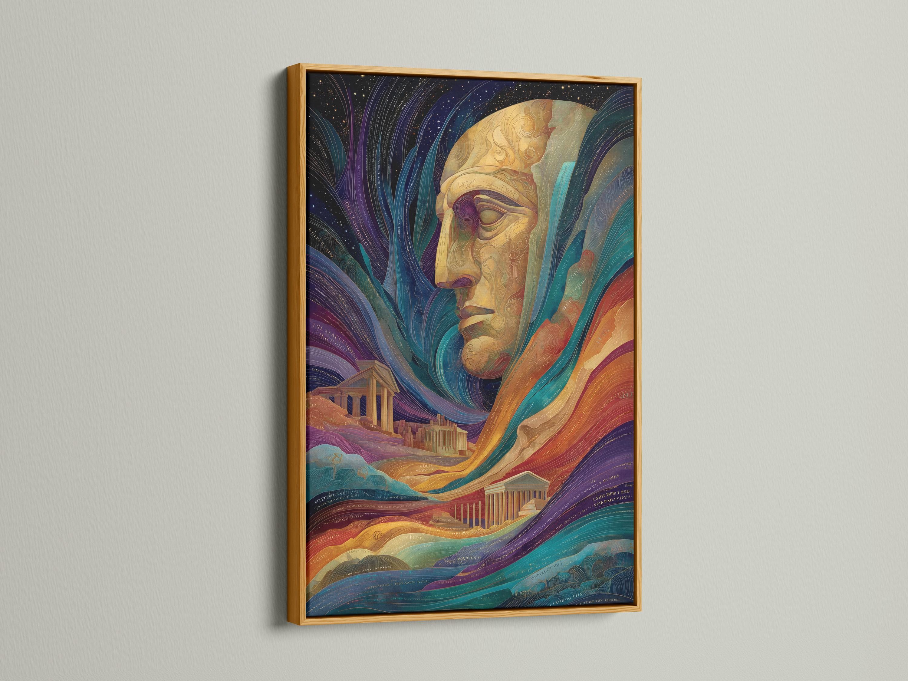 Golden statue head in profile surrounded by swirling indigo and teal waves and a classical columned building detail view