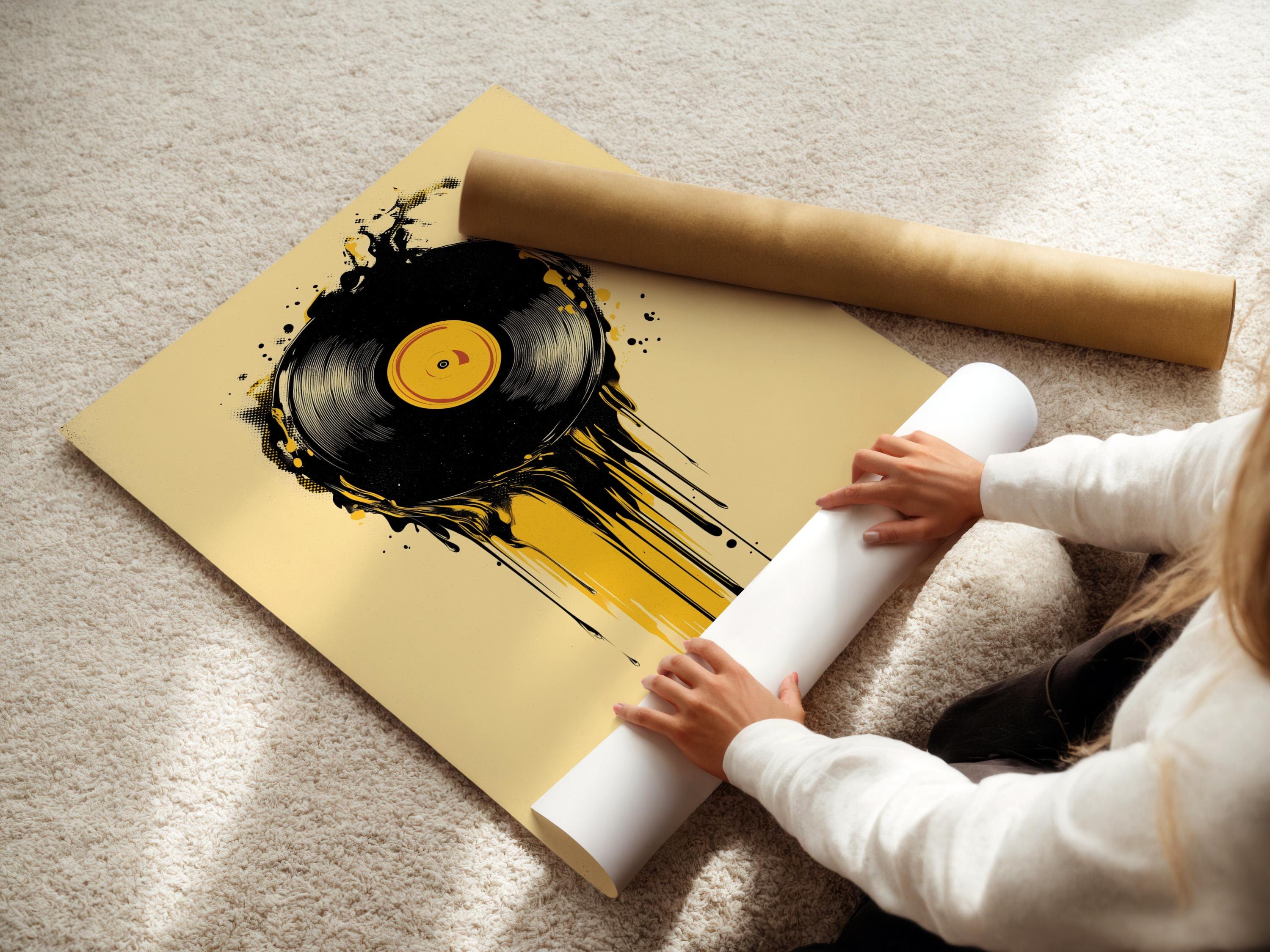 Room mockup showing a framed black and yellow vinyl record illustration with drip and splatter details