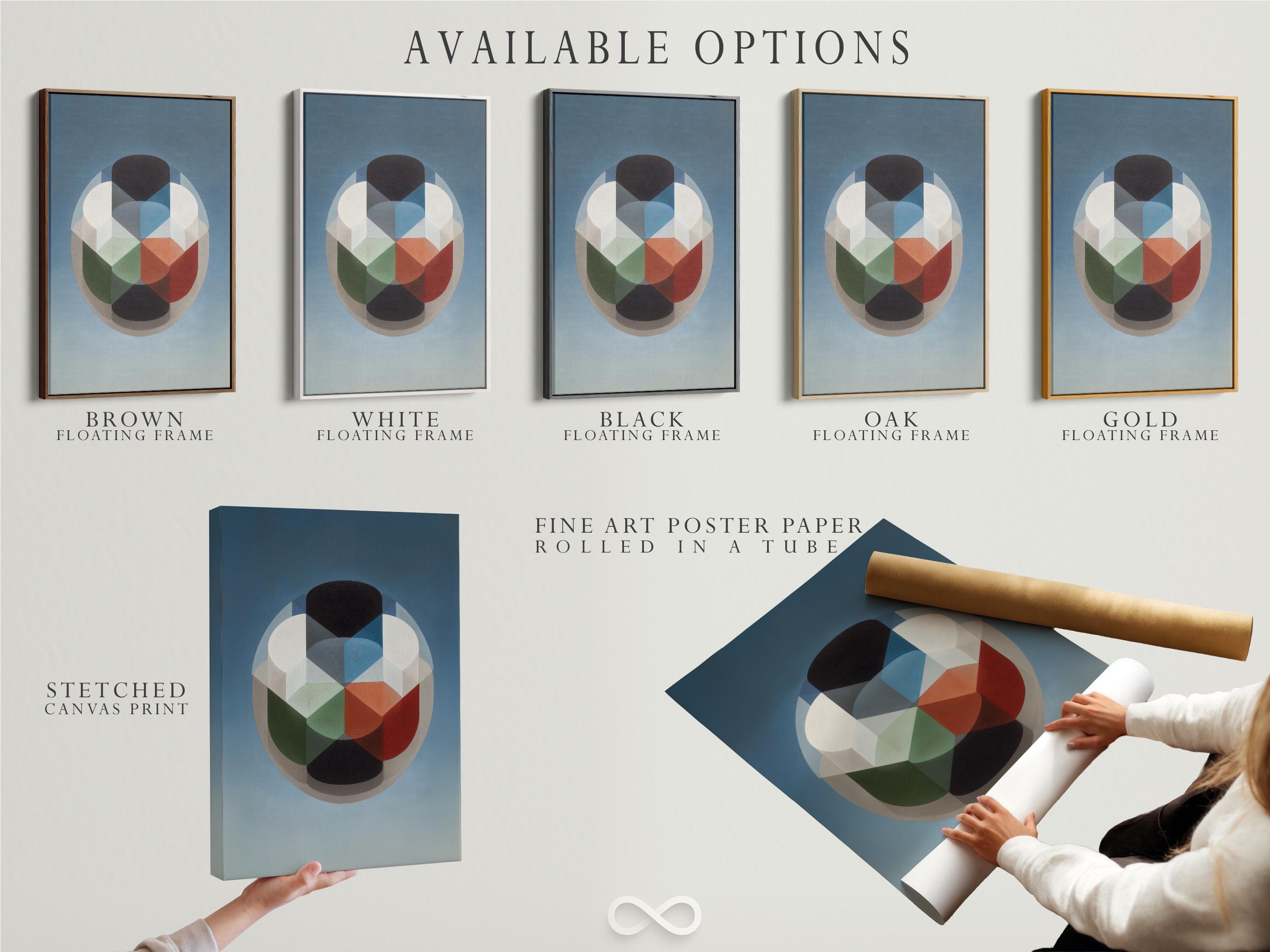 A blue geometric composition features a central rounded cluster of overlapping blocks and circles in cream, grey, dark charcoal, and warm red accents
