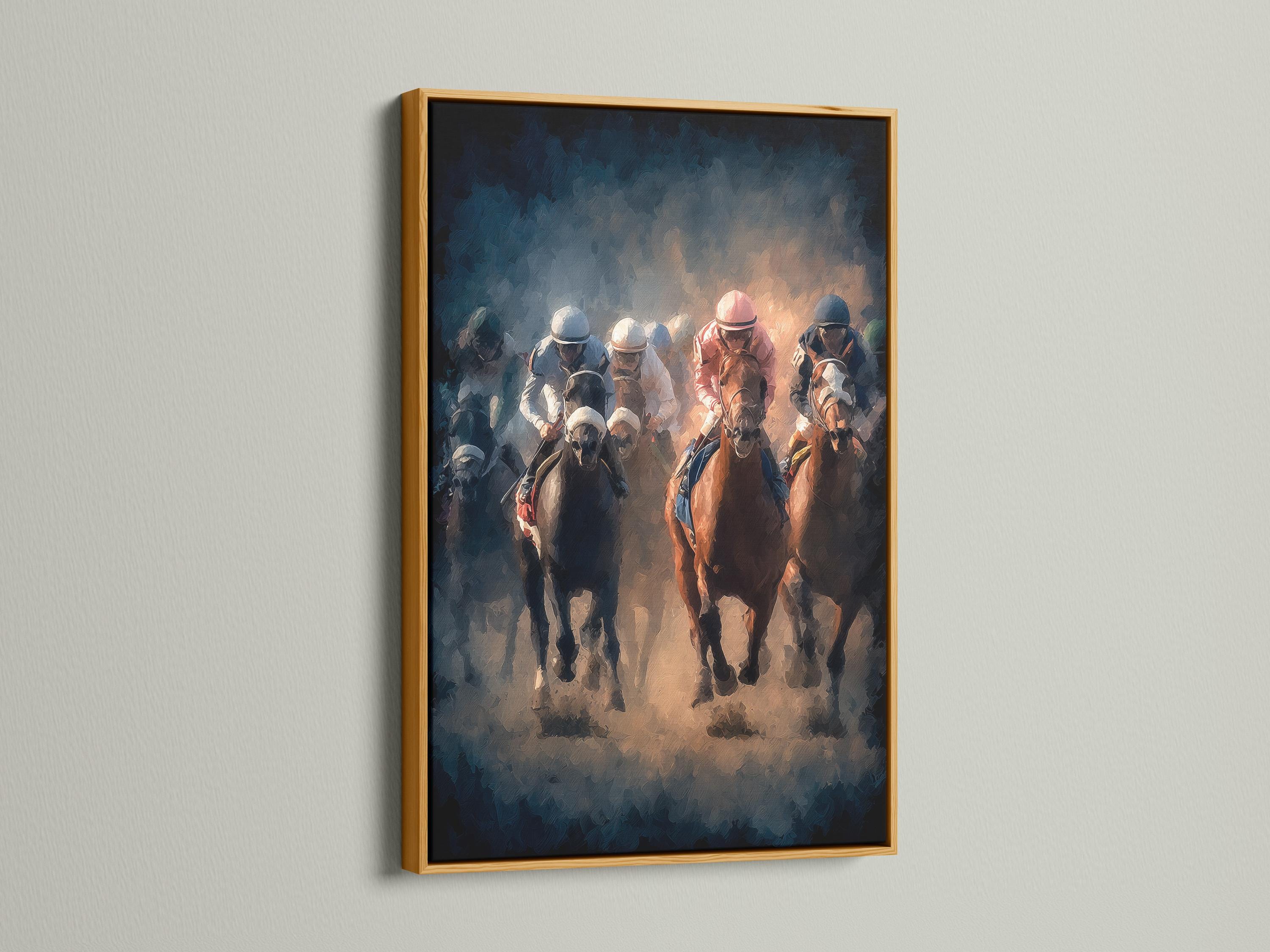 Horse racing artwork showing jockeys riding racehorses in smoky blue haze with warm orange highlights detail view