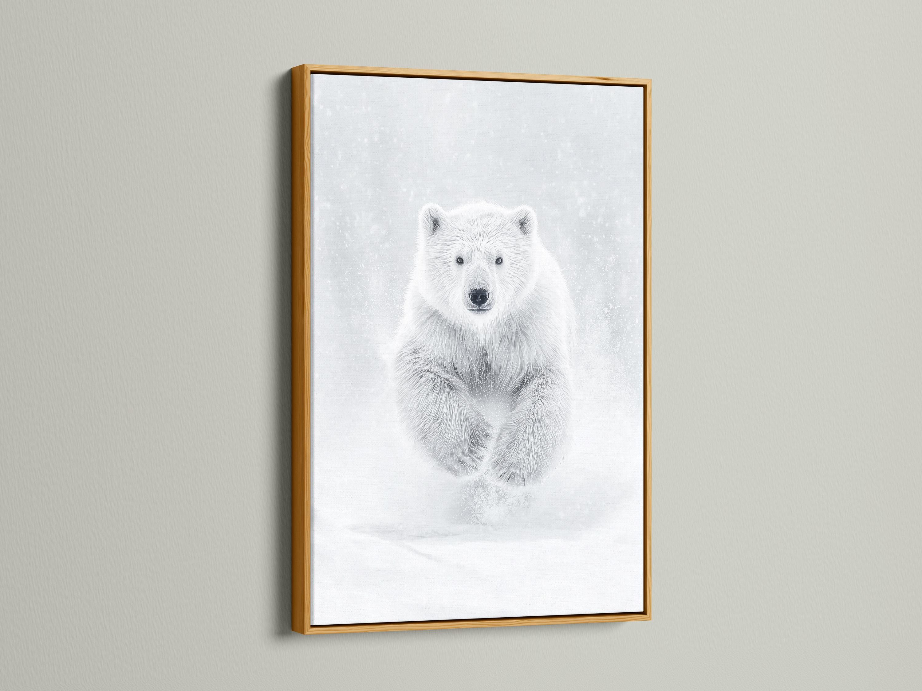 Room mockup showing a framed monochrome polar bear running artwork
