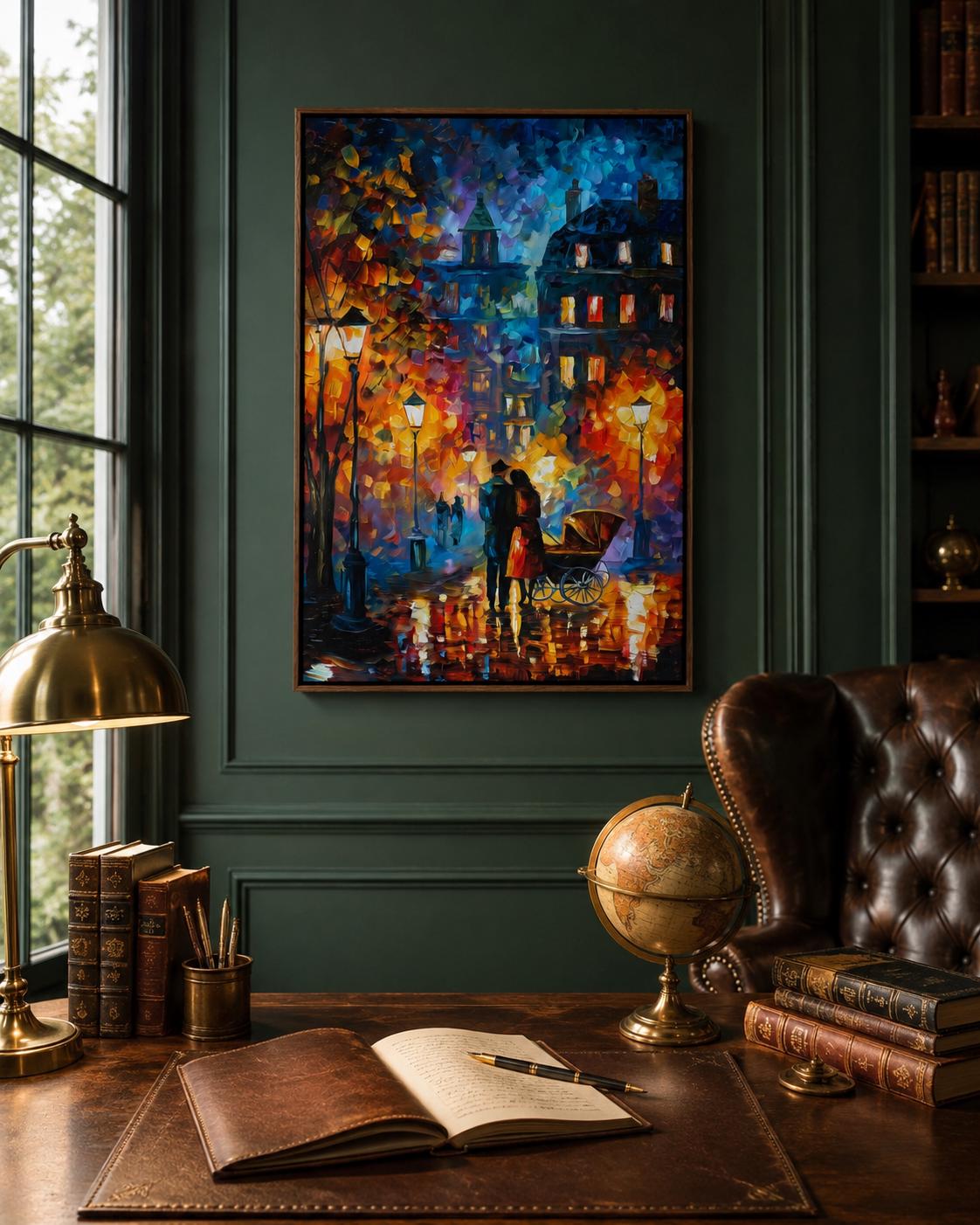 Room mockup showing a framed impressionist city street artwork on a wall