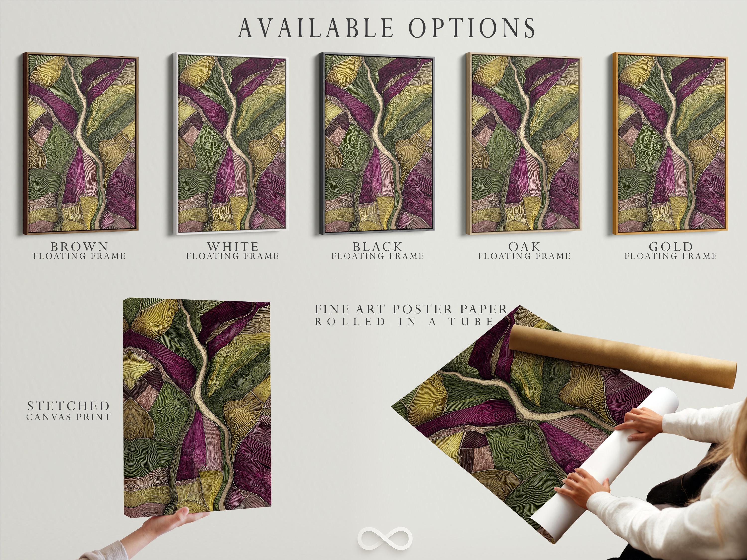 Room mockup with a framed abstract landscape artwork in green and plum tones