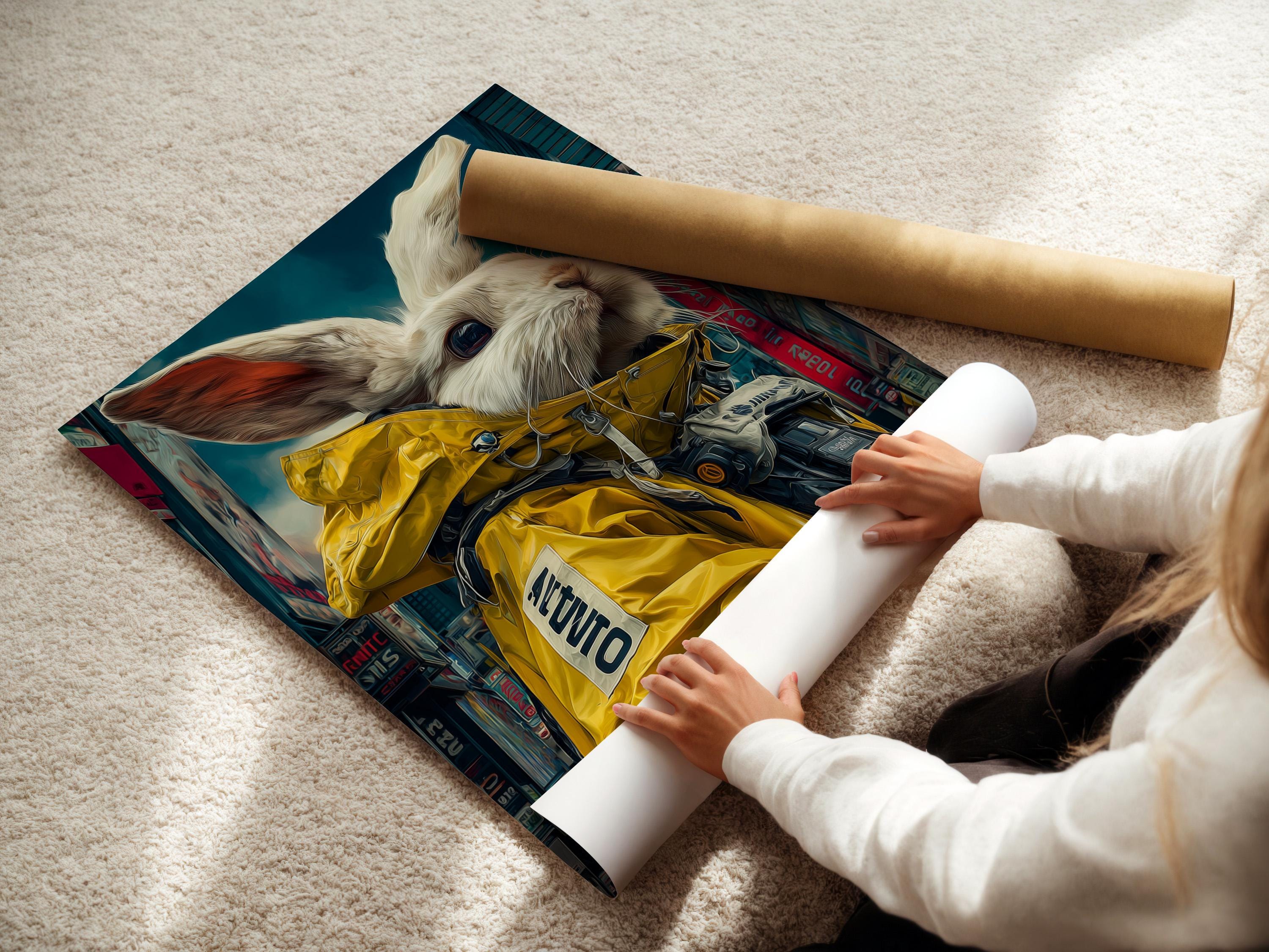 White rabbit wearing a yellow raincoat in a neon cyberpunk city scene detail view