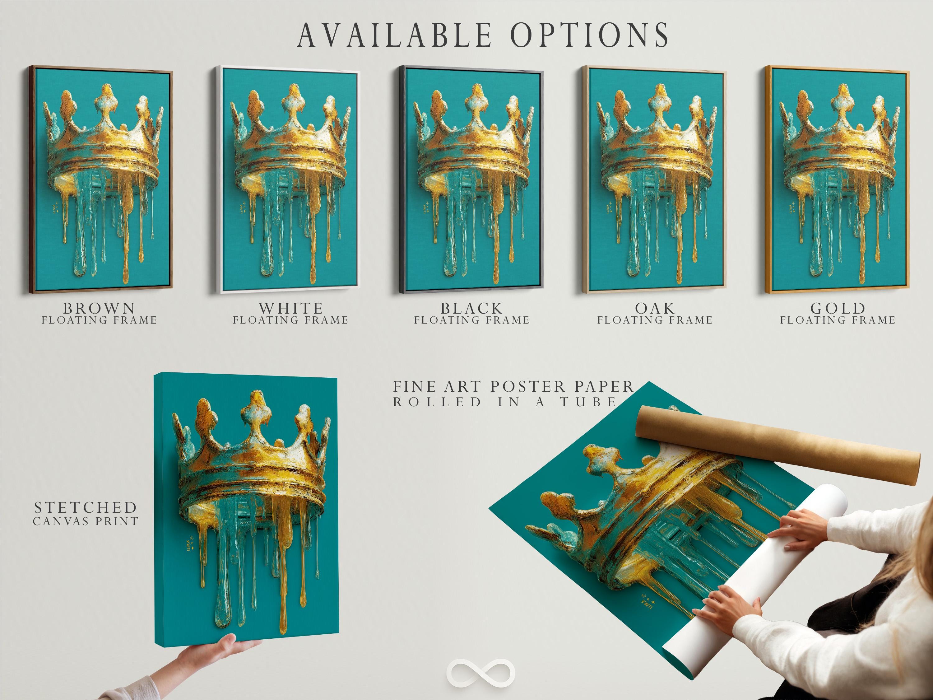 Wall mockup showing a teal and gold crown drip painting framed artwork