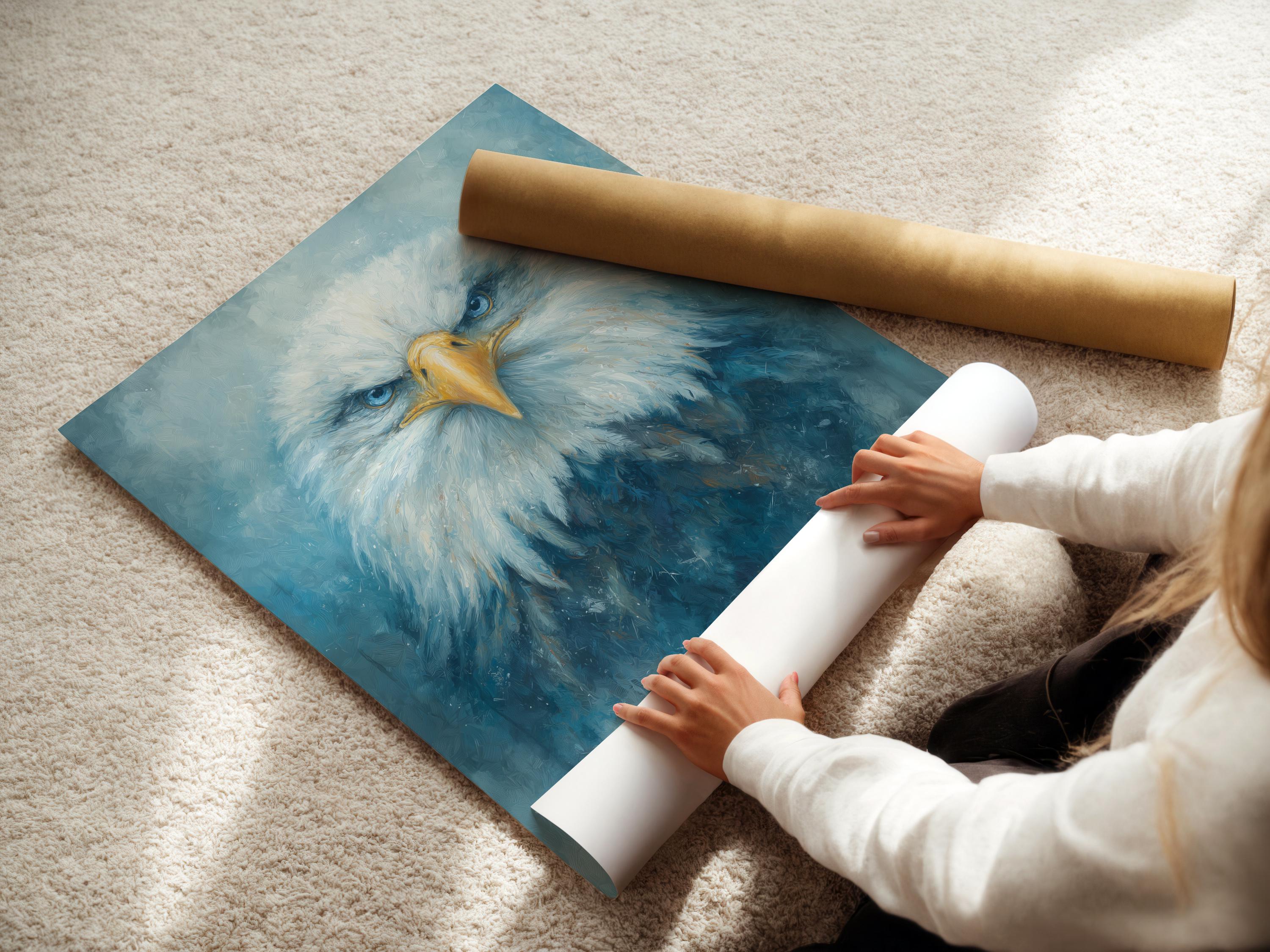 Blue and gold eagle portrait with radiating feathers on a textured teal background detail view