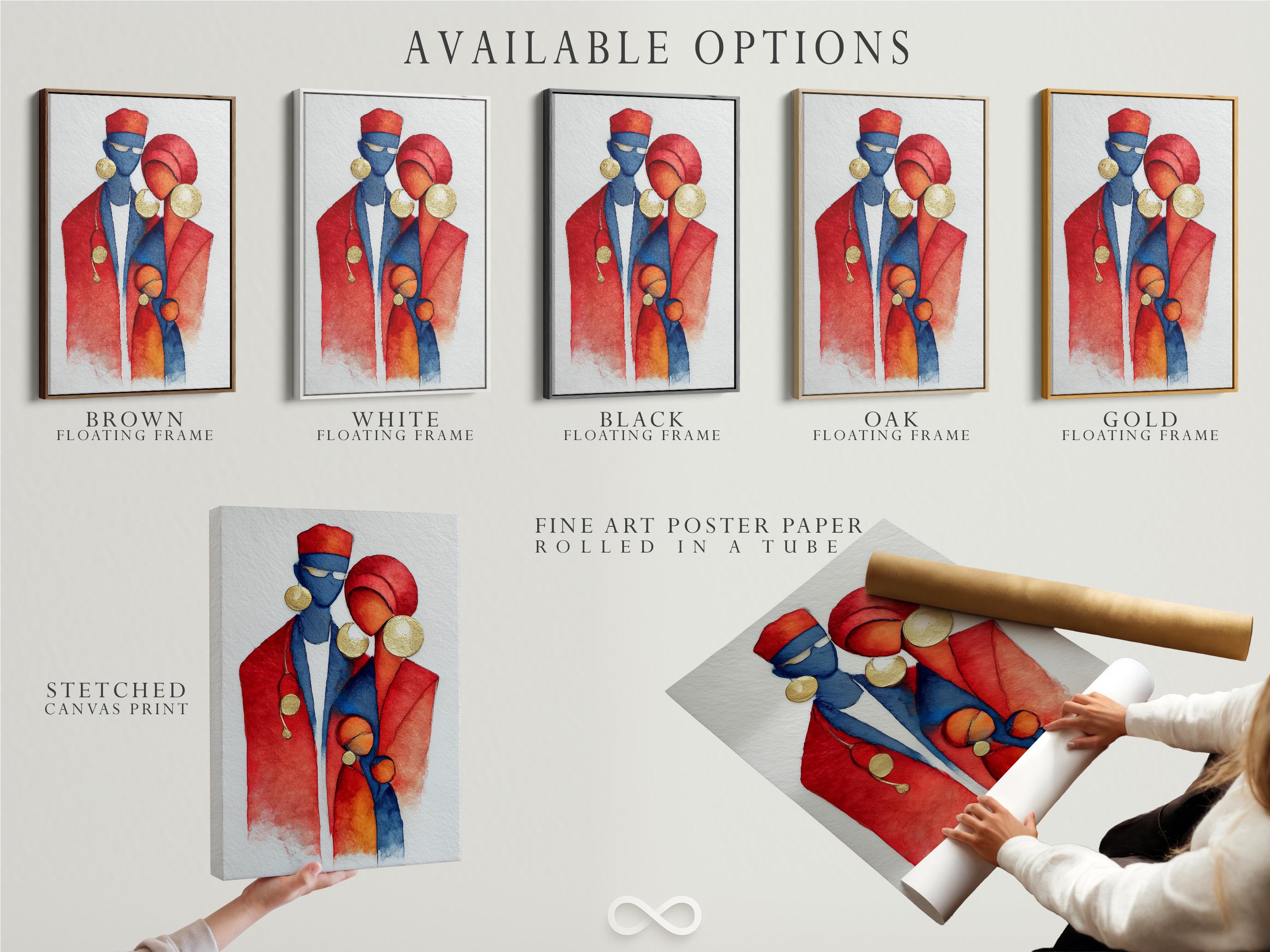 Red and blue doctor figures with gold accents in a watercolor style illustration on a light background detail view
