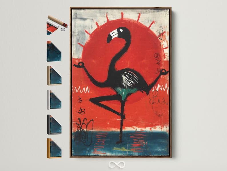 Stylised black flamingo beneath a large red sun over teal-blue and grey abstract marks