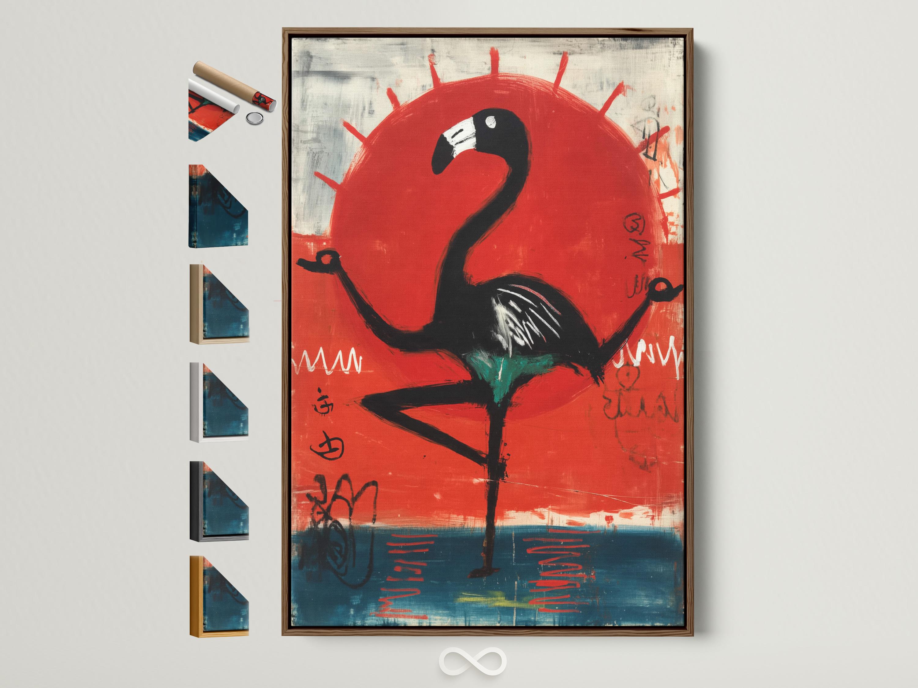 Stylised black flamingo beneath a large red sun over teal-blue and grey abstract marks