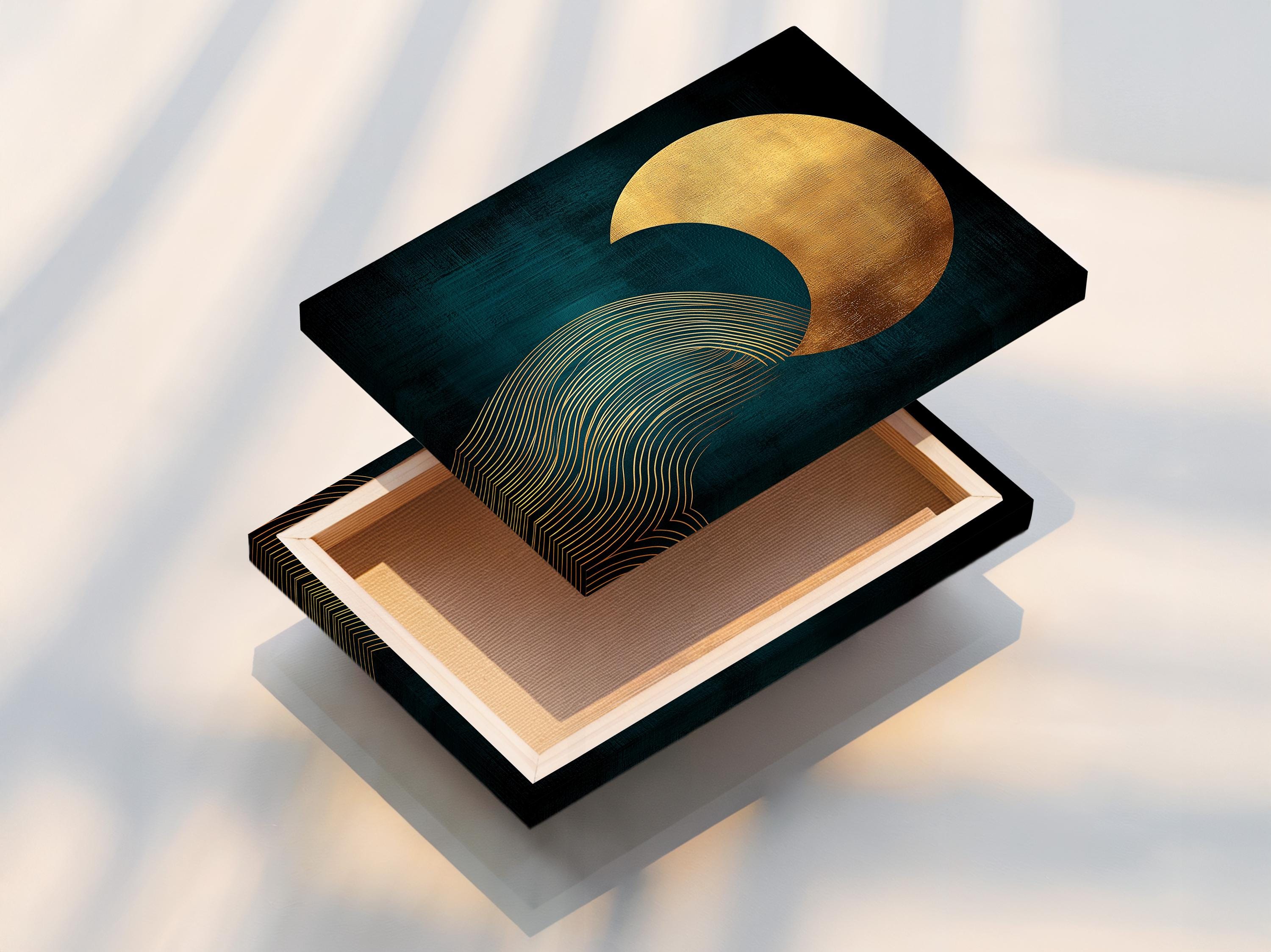 Abstract teal and gold artwork with a large sun-like circle and curved wave line pattern detail view