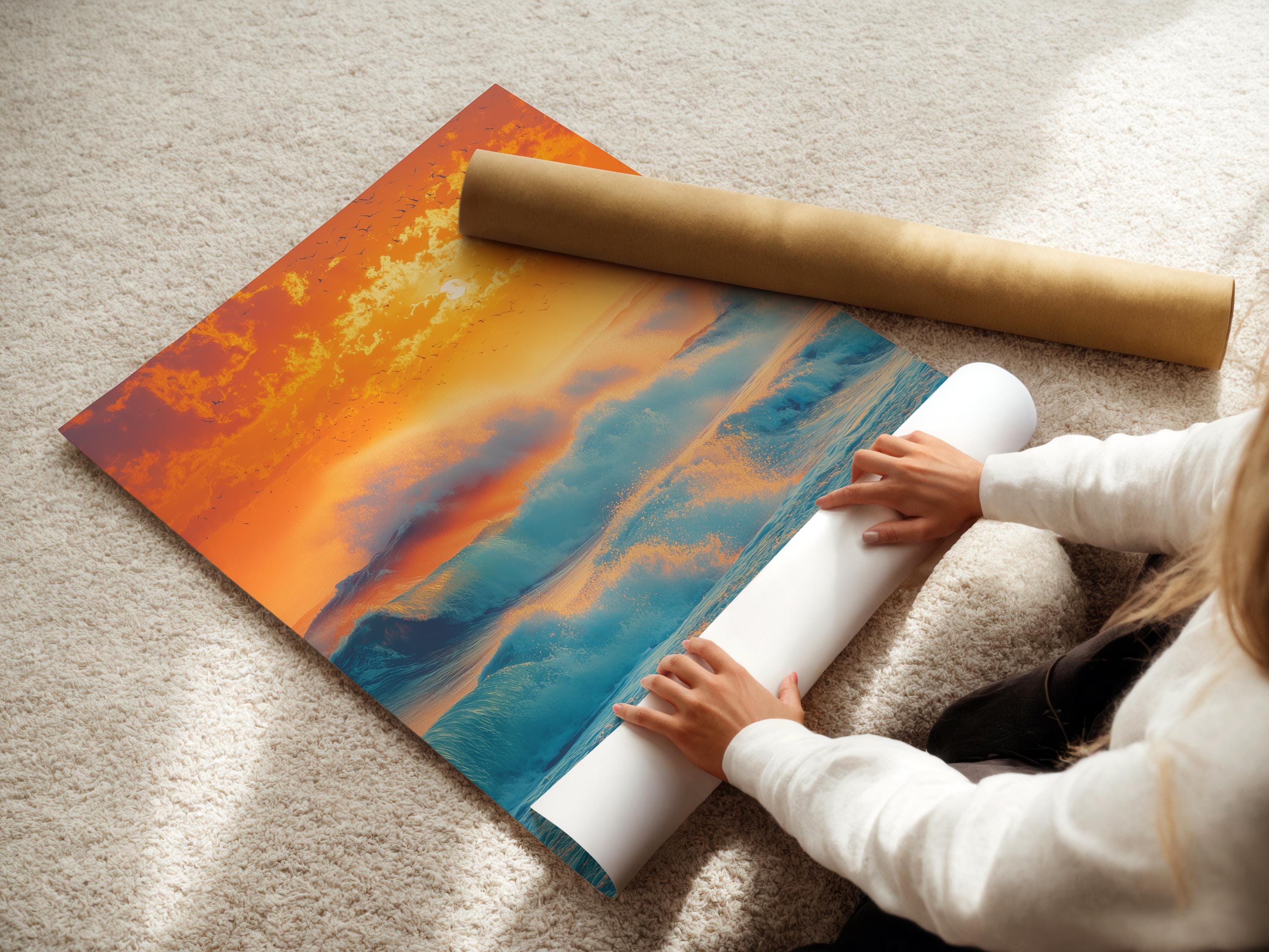 Sunset seascape with teal ocean waves, orange and gold sky, sun glow, and bird silhouettes detail view