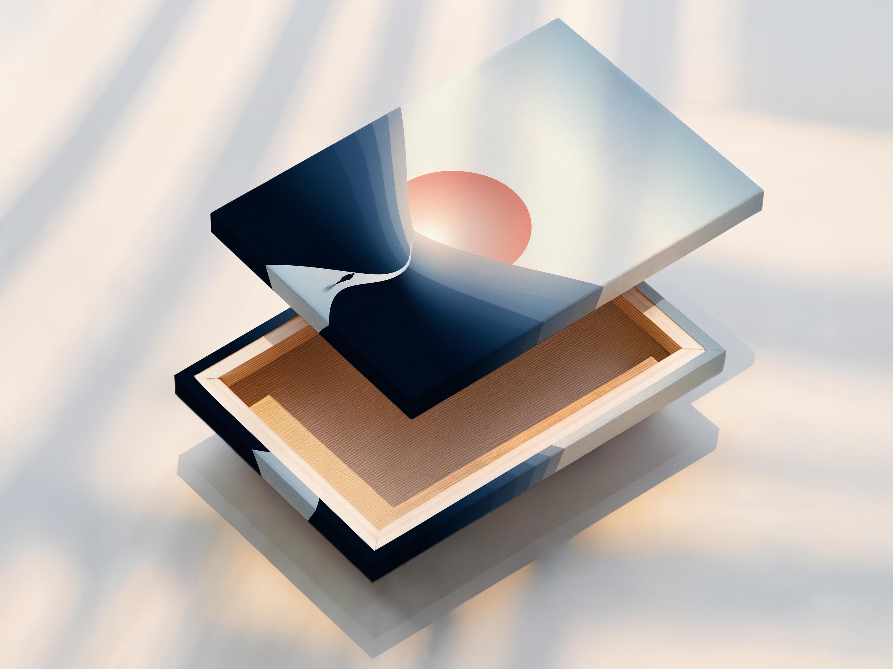 Peach sunrise over cool blue mountains with a winding pale path and a small silhouette figure detail view